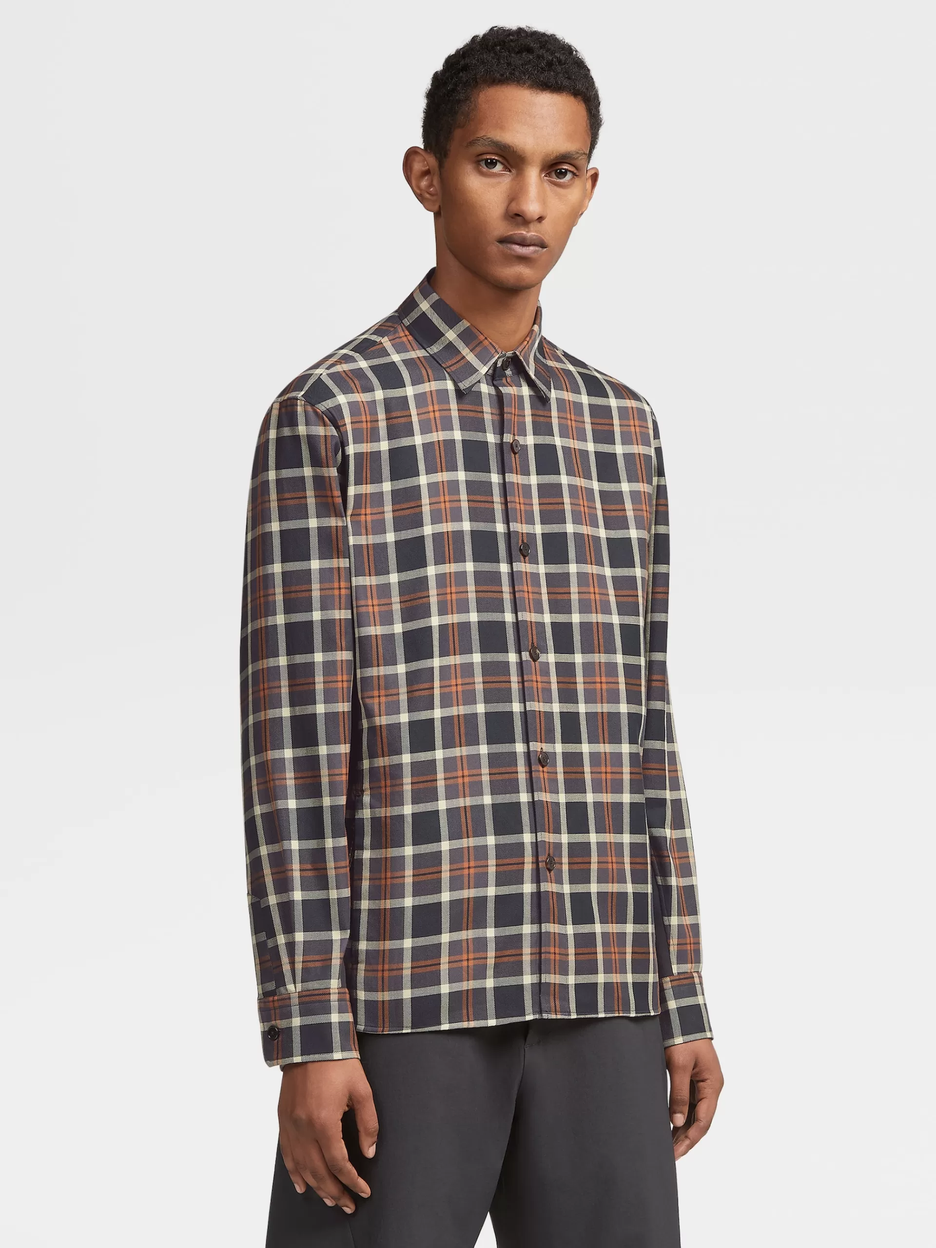 ZEGNA Sobrecamisas E Casacos Chore^Camisa De Manga Comprida Vicunha, Preta E Cinza-Escura Em Algodao Com Macropadrao De Xadrez Vicunha/Preto/Cinzento-Escuro