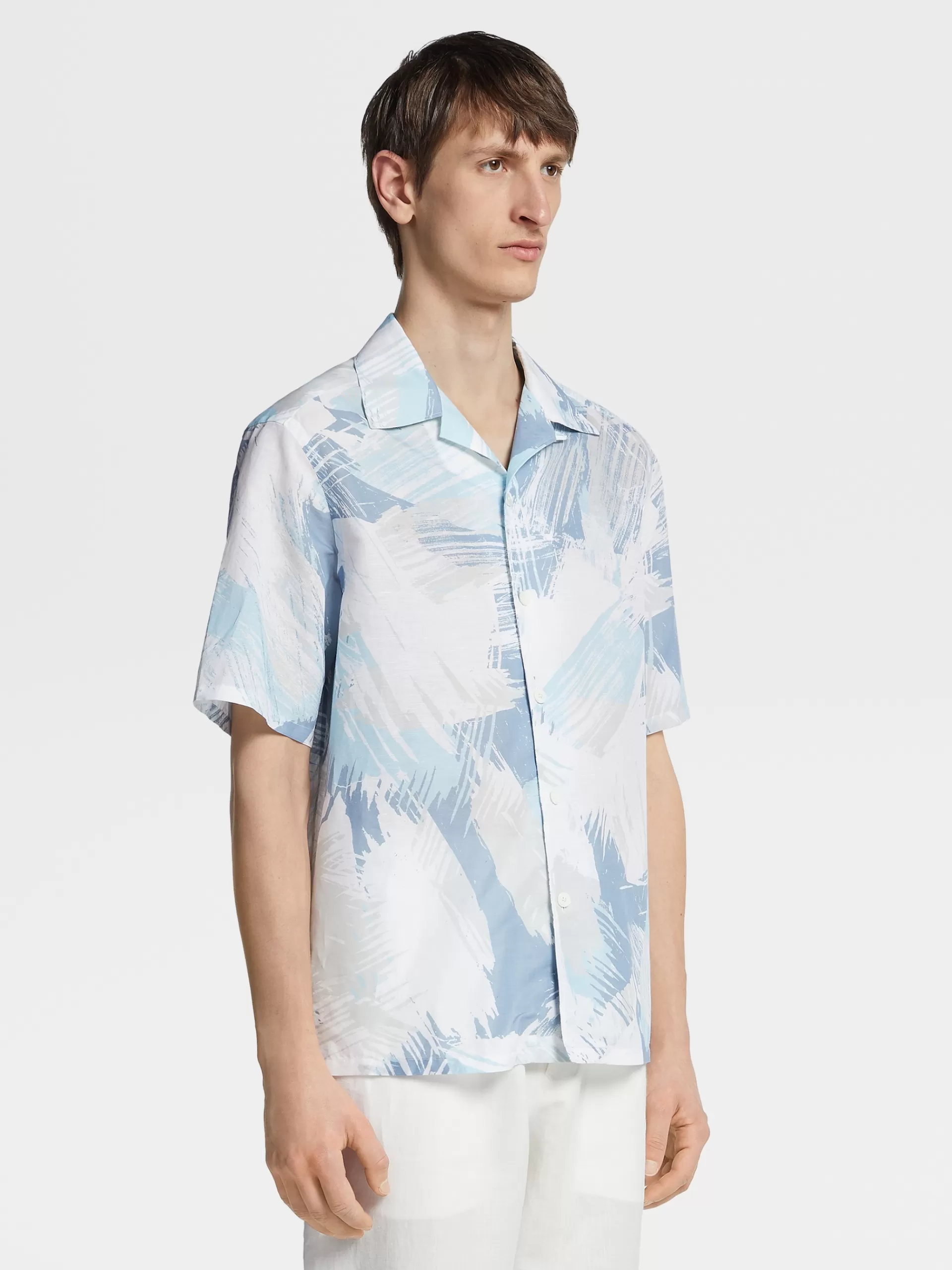 ZEGNA Camisas Para Homem^Camisa Estampada Em Linho E Algodao Esbranquicado, Azul-Claro E Branco Esbranquicado/Azul-Claro/Branco