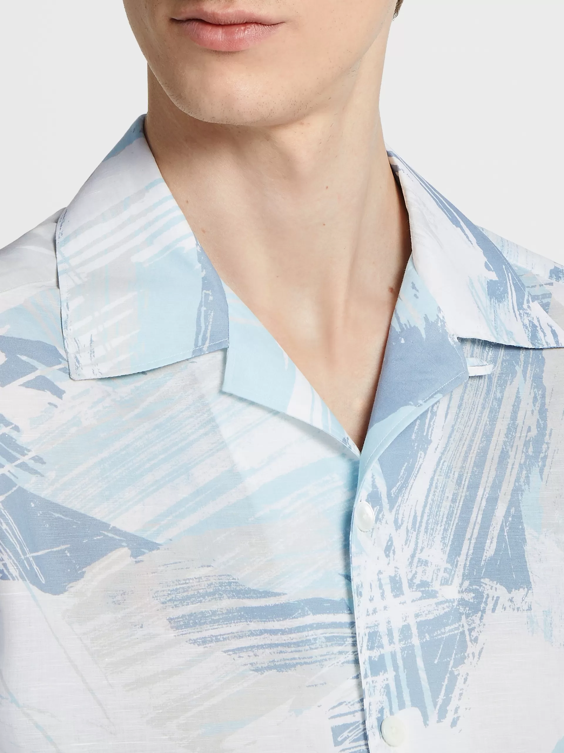 ZEGNA Camisas Para Homem^Camisa Estampada Em Linho E Algodao Esbranquicado, Azul-Claro E Branco Esbranquicado/Azul-Claro/Branco