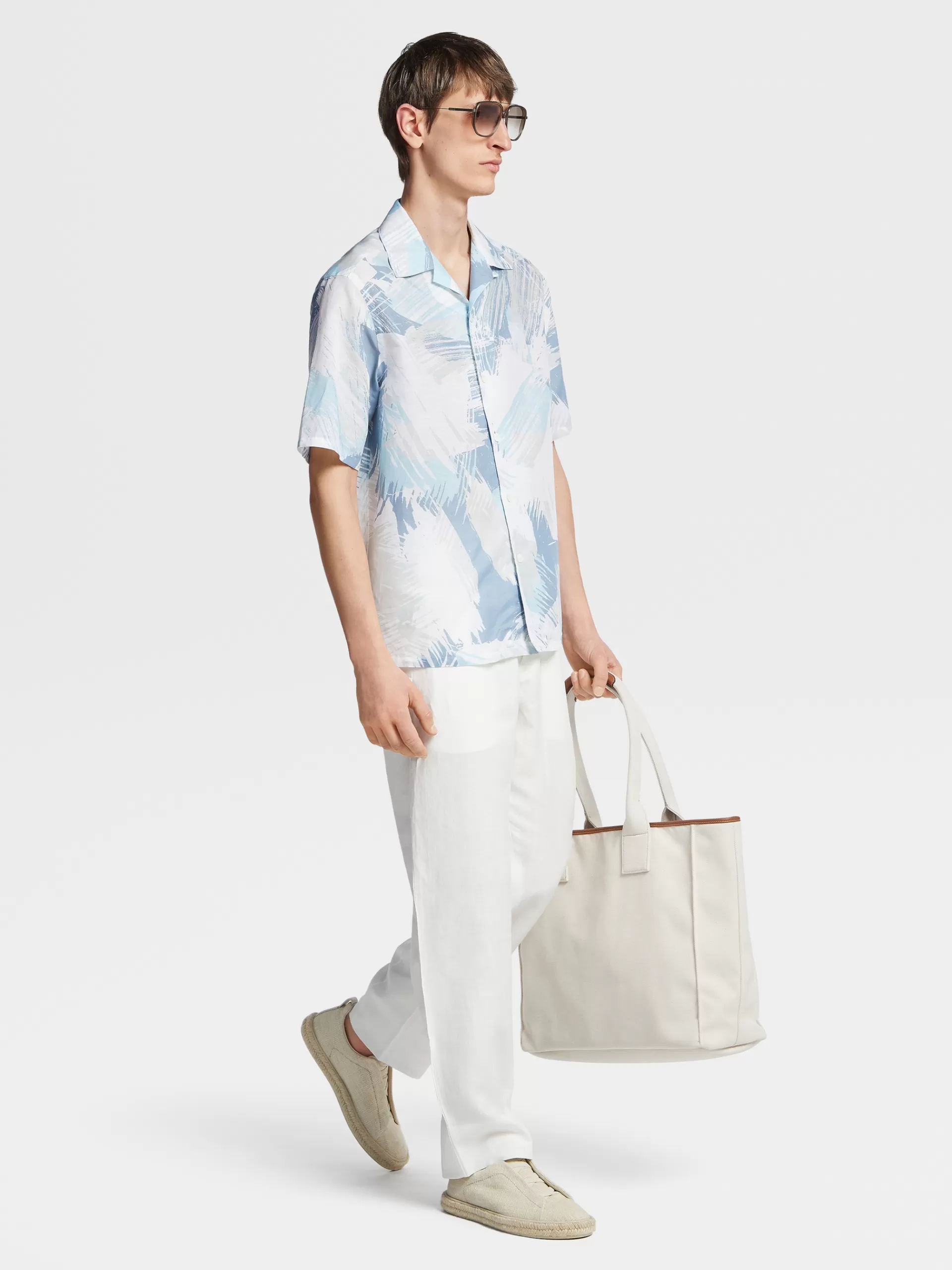 ZEGNA Camisas Para Homem^Camisa Estampada Em Linho E Algodao Esbranquicado, Azul-Claro E Branco Esbranquicado/Azul-Claro/Branco