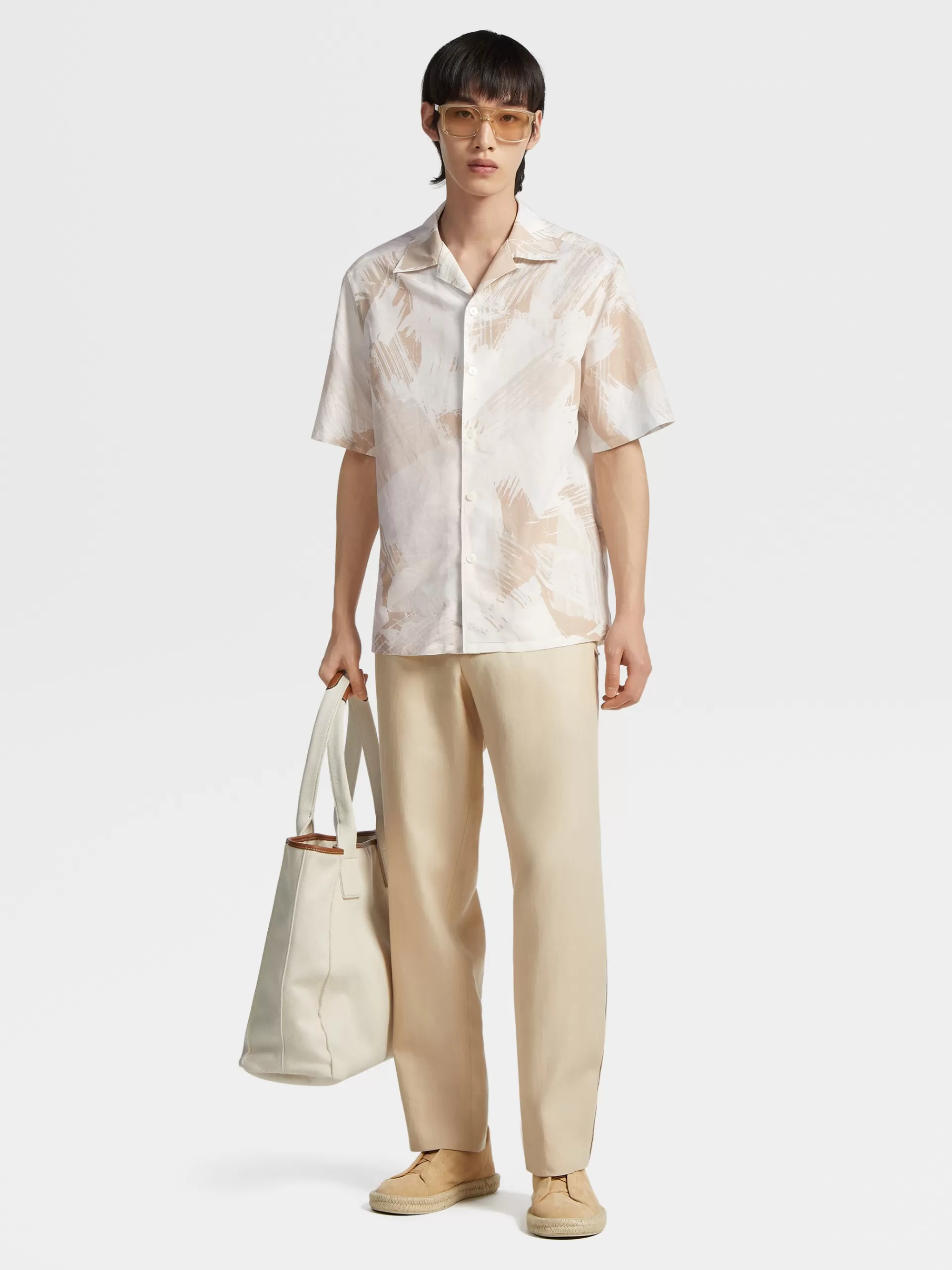 ZEGNA Camisas Para Homem^Camisa Estampada Em Linho E Algodao Esbranquicado, Cor De Pessego E Branco Esbranquicado/Cor De Pessego/Branco