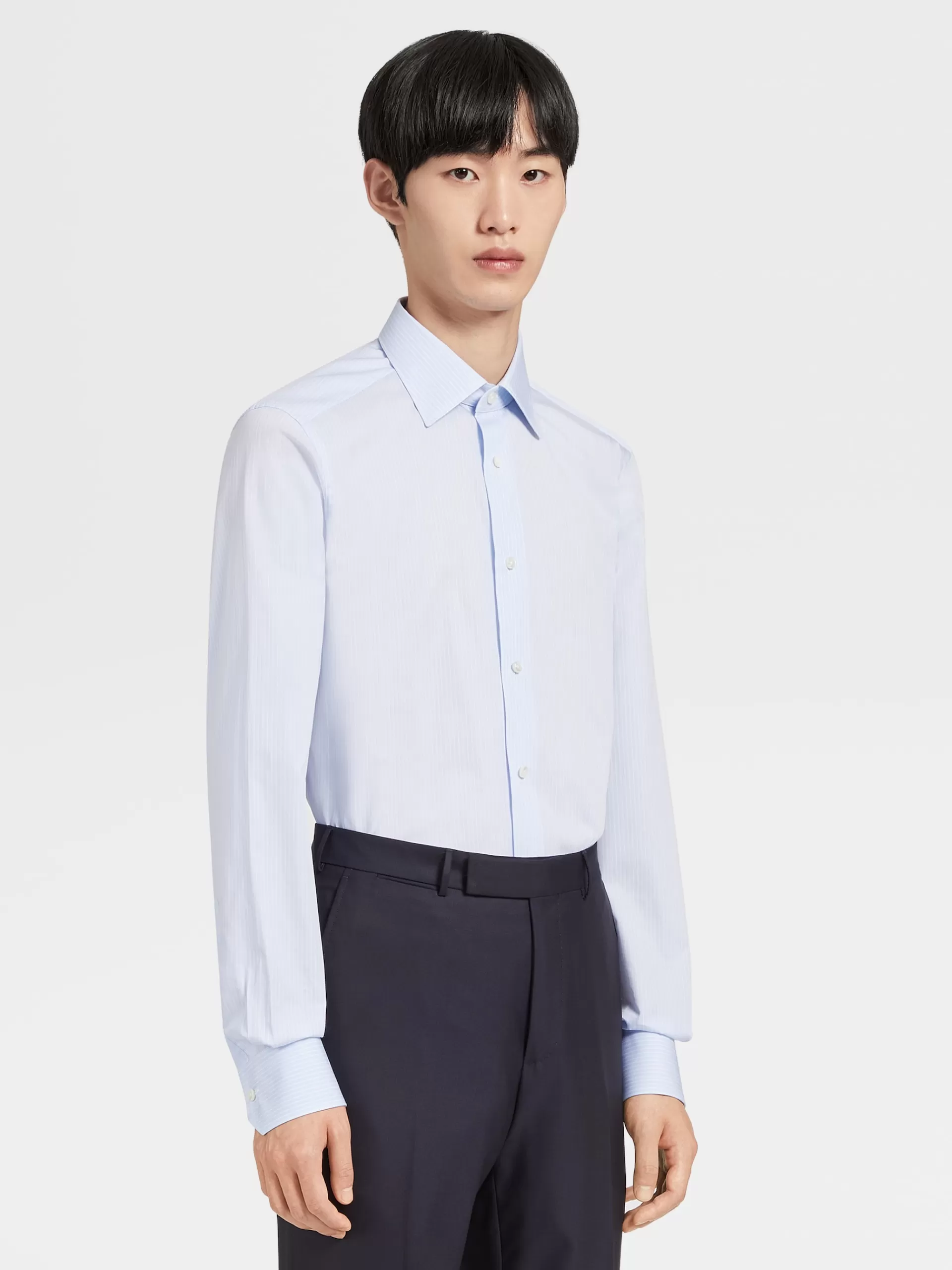 ZEGNA Camisas Para Homem^Camisa Tailoring De Manga Comprida 100Fili De Microrriscas Brancas E Azul-Claro Branco/Azul-Claro