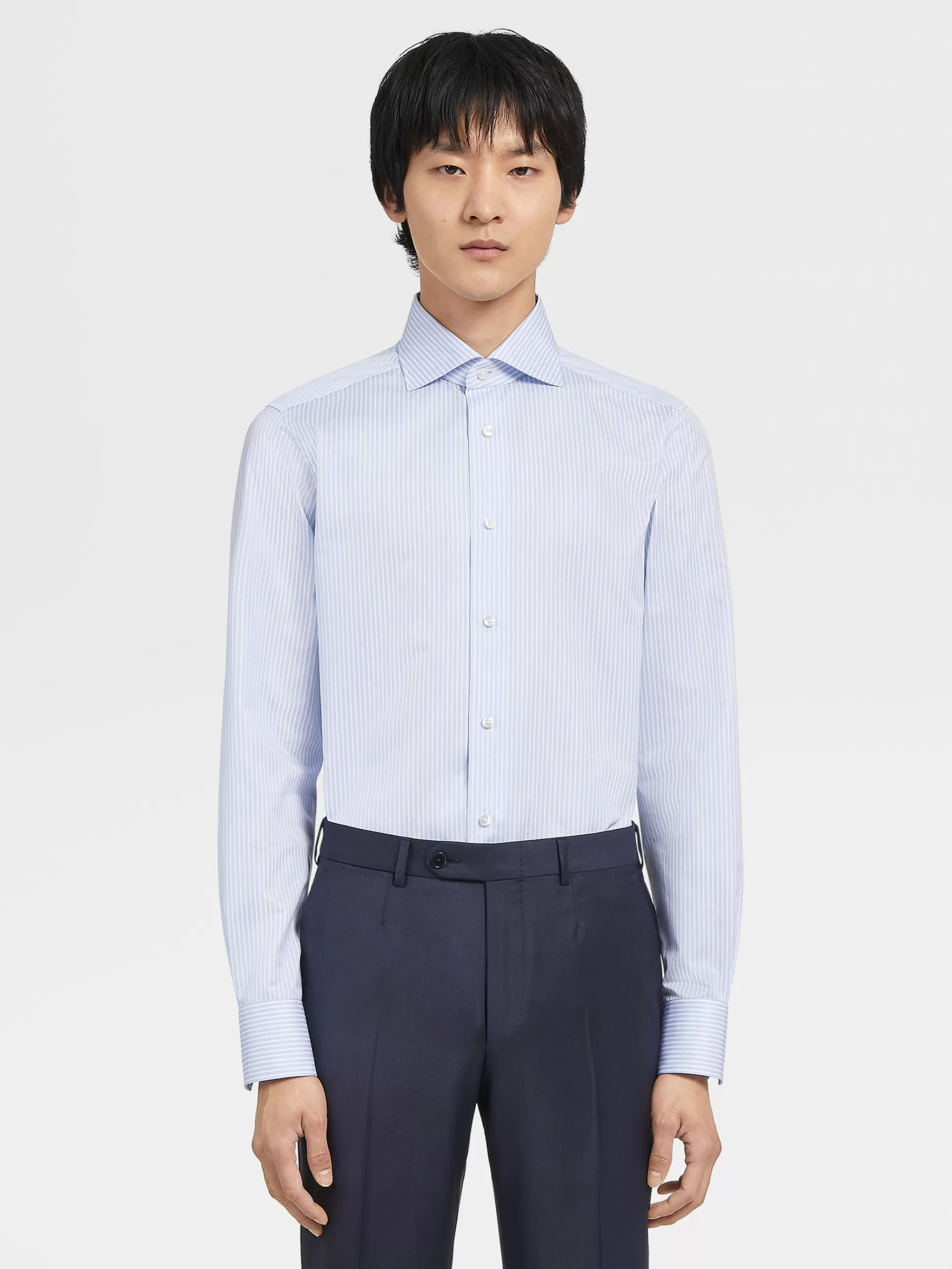 ZEGNA Camisas Para Homem^Camisa Tailoring De Manga Comprida Trofeo™ As Riscas Azul-Clara Azul-Claro