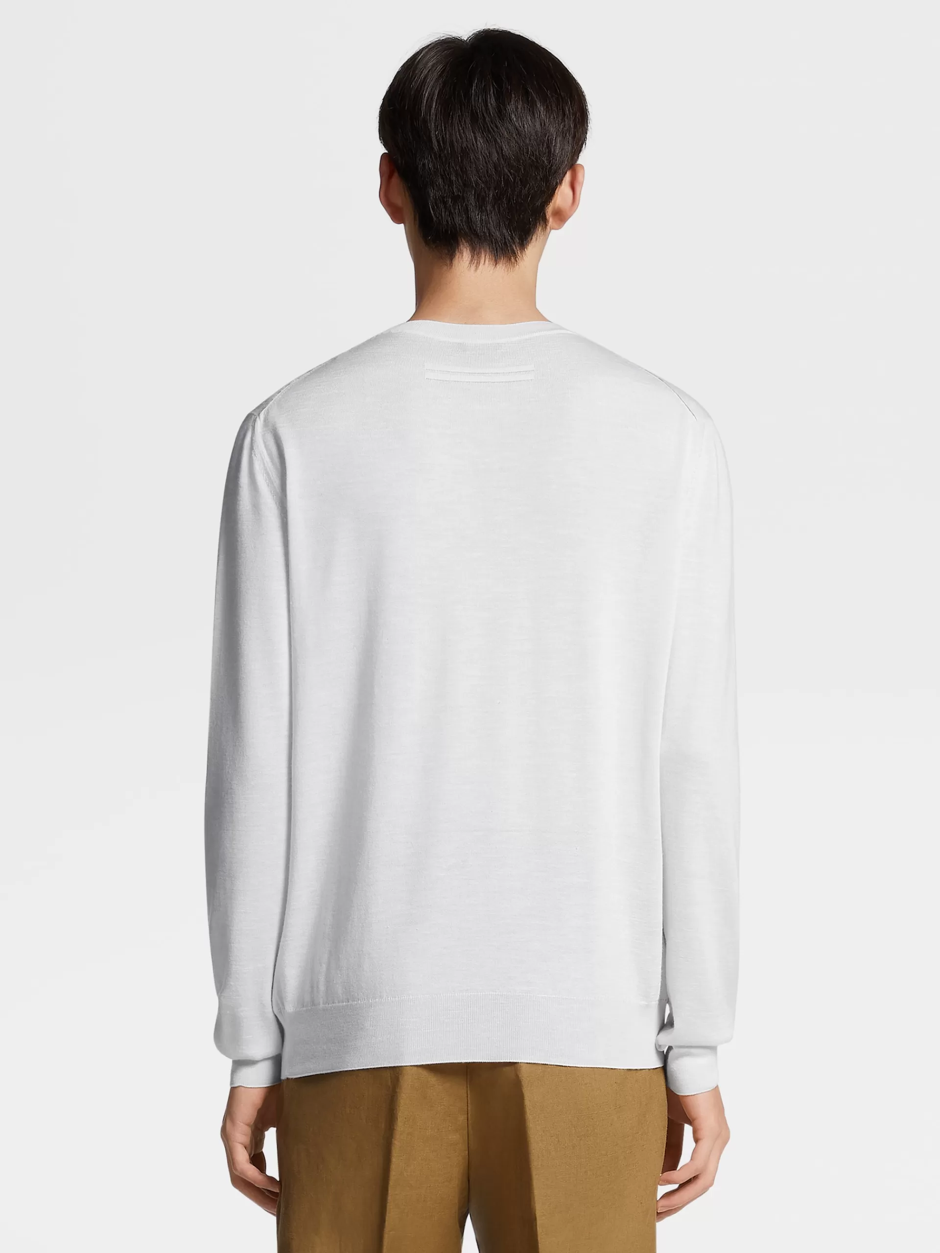 ZEGNA Malhas^Camisola Branca De Malha Com Gola Redonda Em Seda, Caxemira E Linho Branco