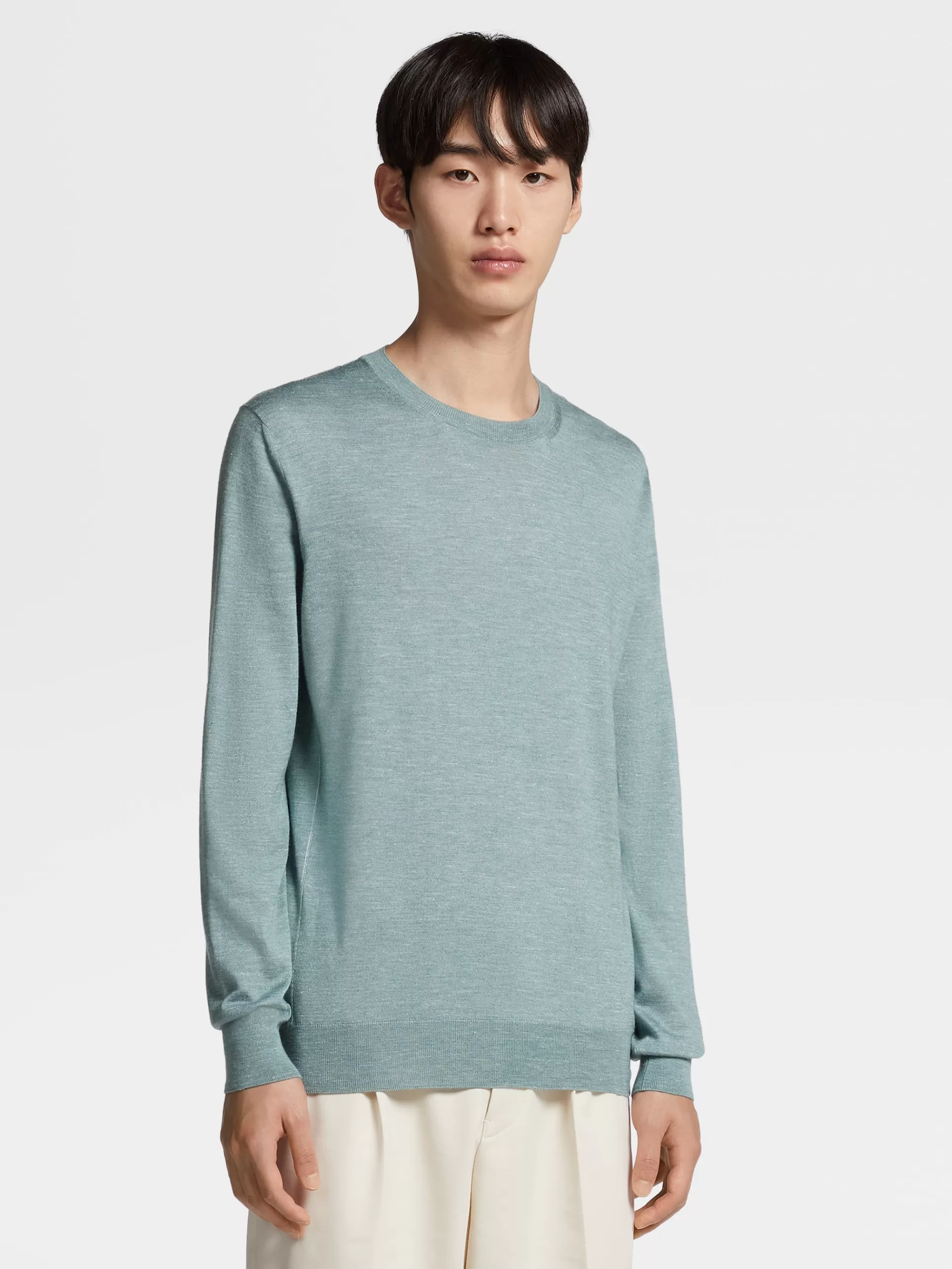ZEGNA Malhas^Camisola De Malha Com Gola Redonda Em Seda, Caxemira E Linho Verde-Agua