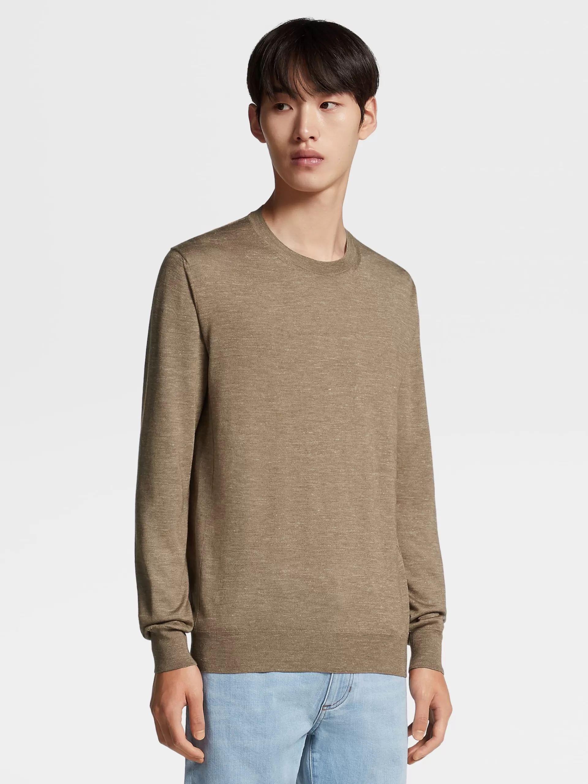 ZEGNA Malhas^Camisola De Malha Com Gola Redonda Em Seda, Caxemira E Linho Camel