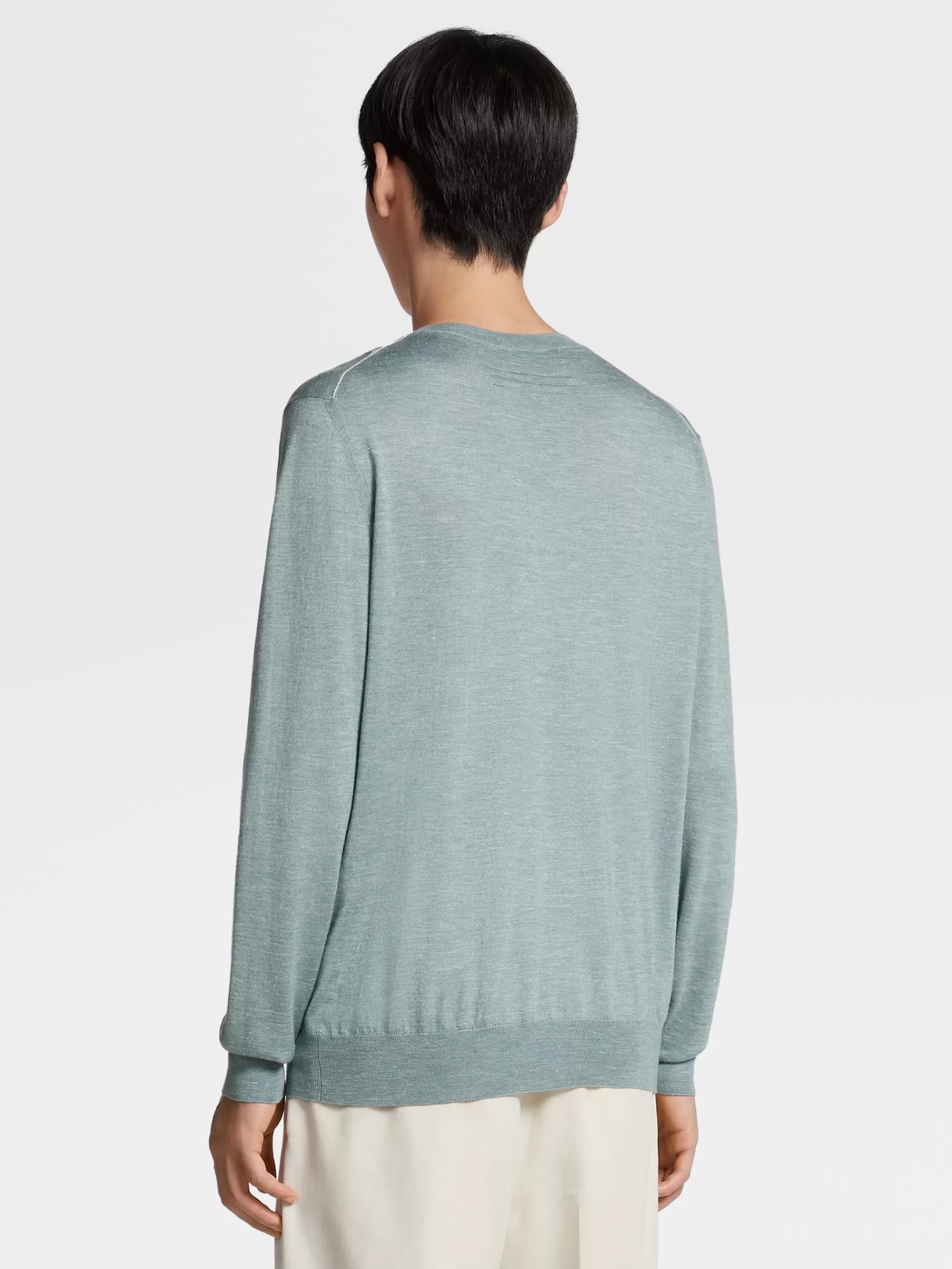 ZEGNA Malhas^Camisola De Malha Com Gola Redonda Em Seda, Caxemira E Linho Verde-Agua