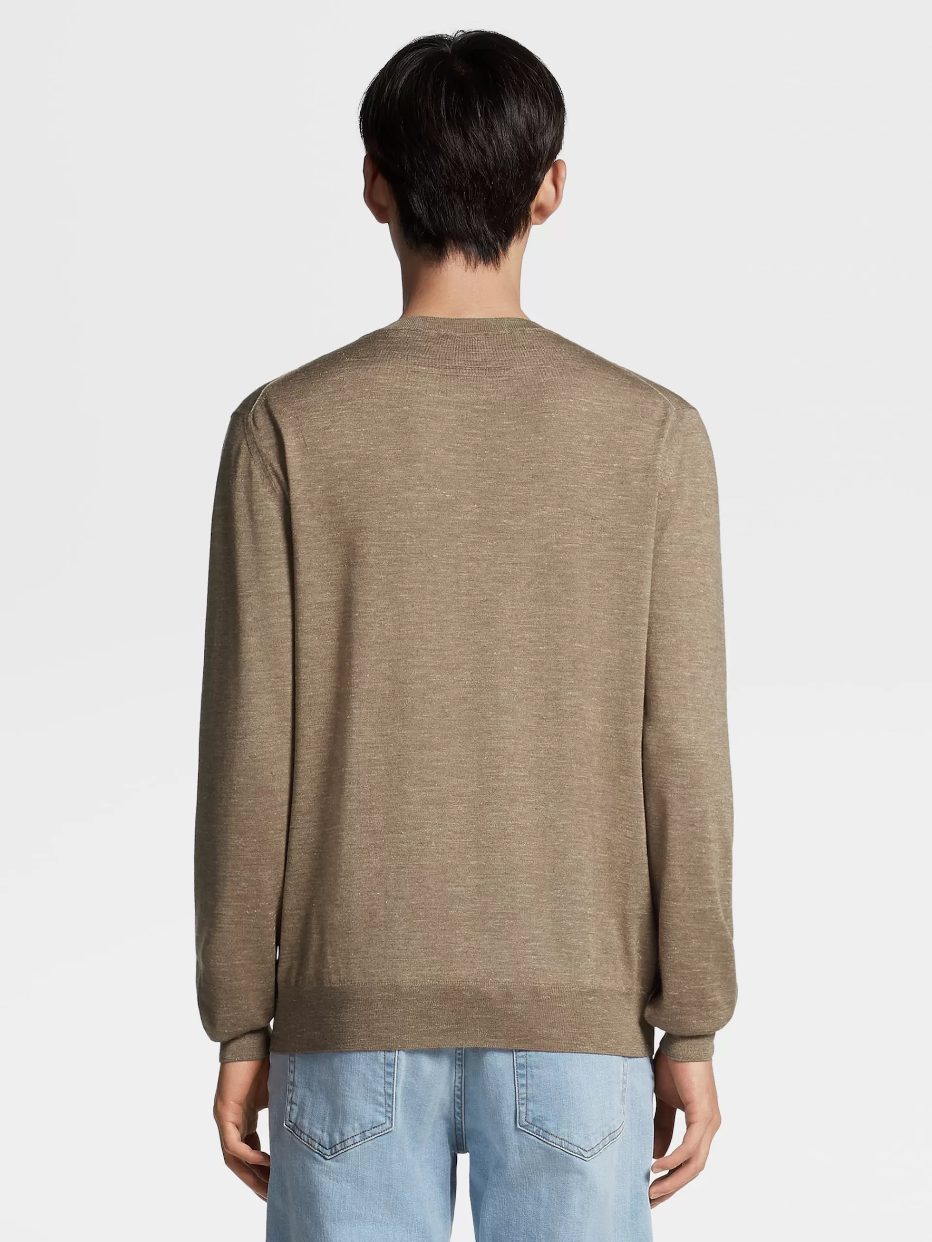 ZEGNA Malhas^Camisola De Malha Com Gola Redonda Em Seda, Caxemira E Linho Camel