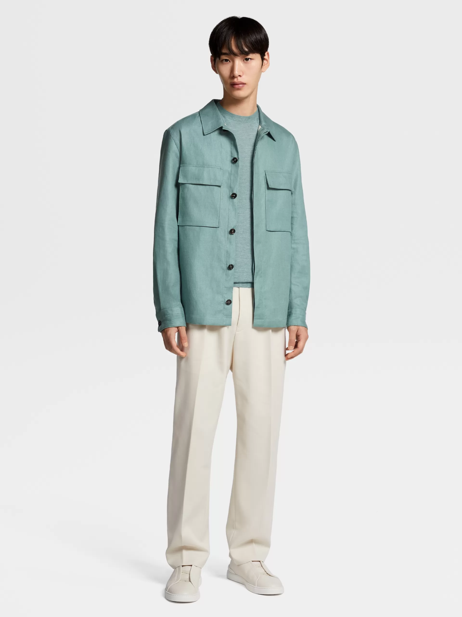 ZEGNA Malhas^Camisola De Malha Com Gola Redonda Em Seda, Caxemira E Linho Verde-Agua