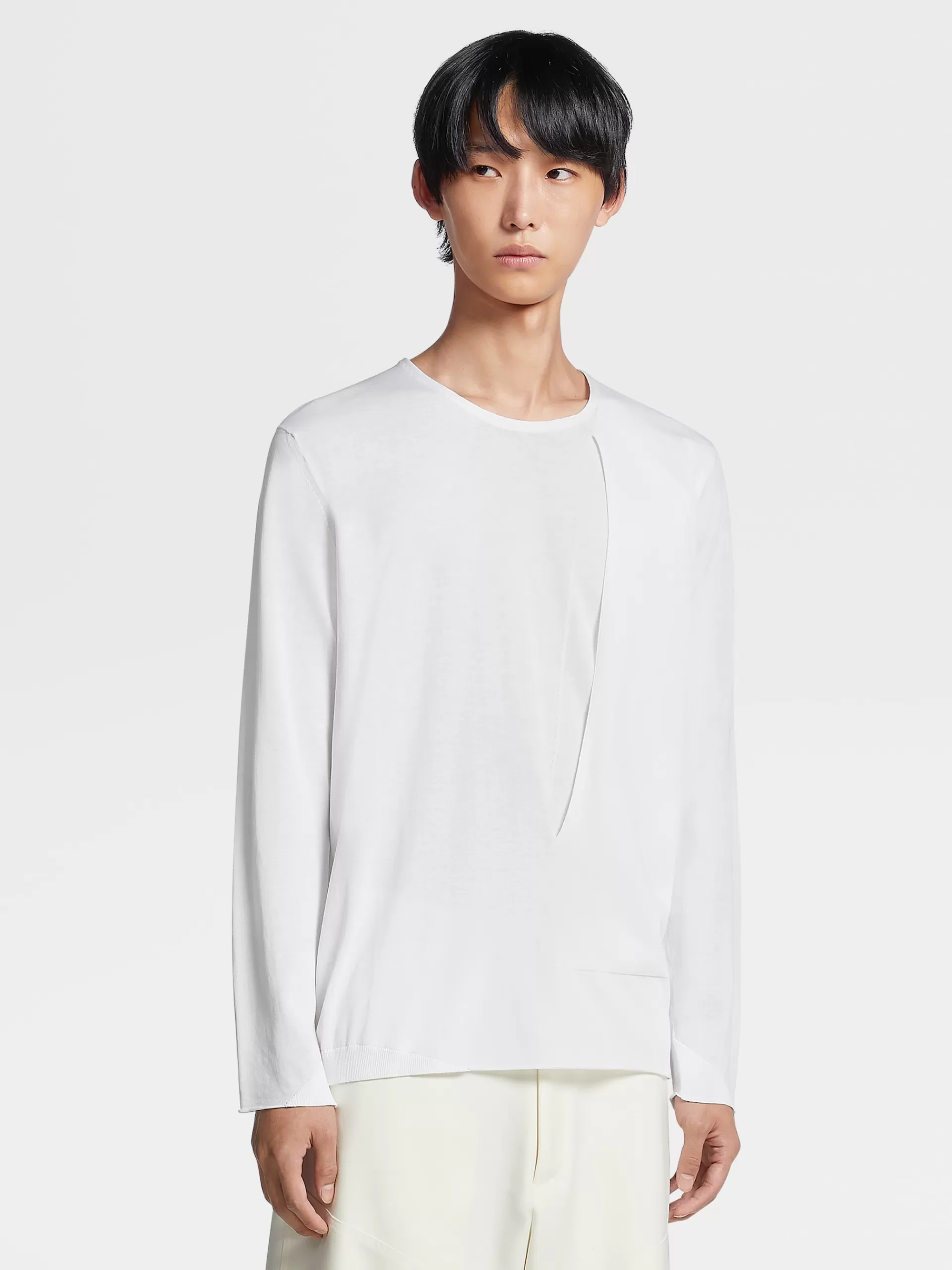 ZEGNA Malhas^Camisola De Malha Com Gola Redonda Fashion Show Em Puro Algodao Esbranquicado
