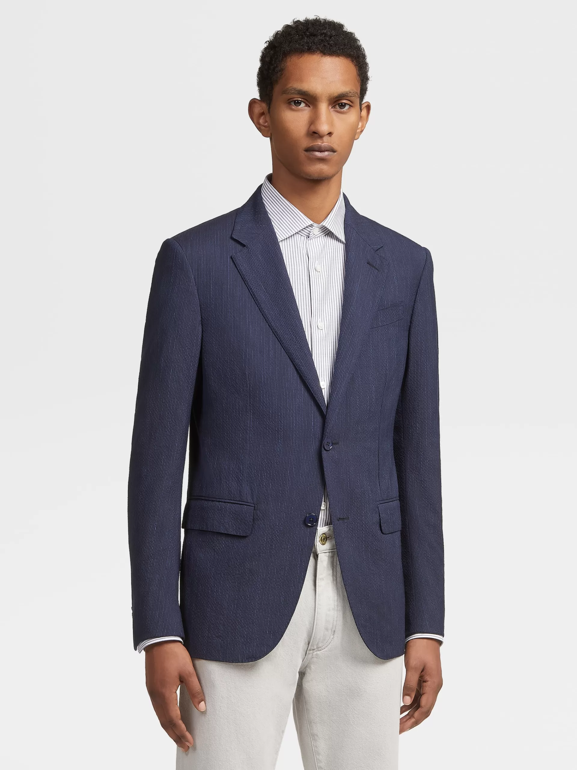 ZEGNA Blazers^Casaco Azul Em La, Seda E Linho Trofeo™ Seersucker Com Micropadrao De Xadrez Azul/Azul-Marinho