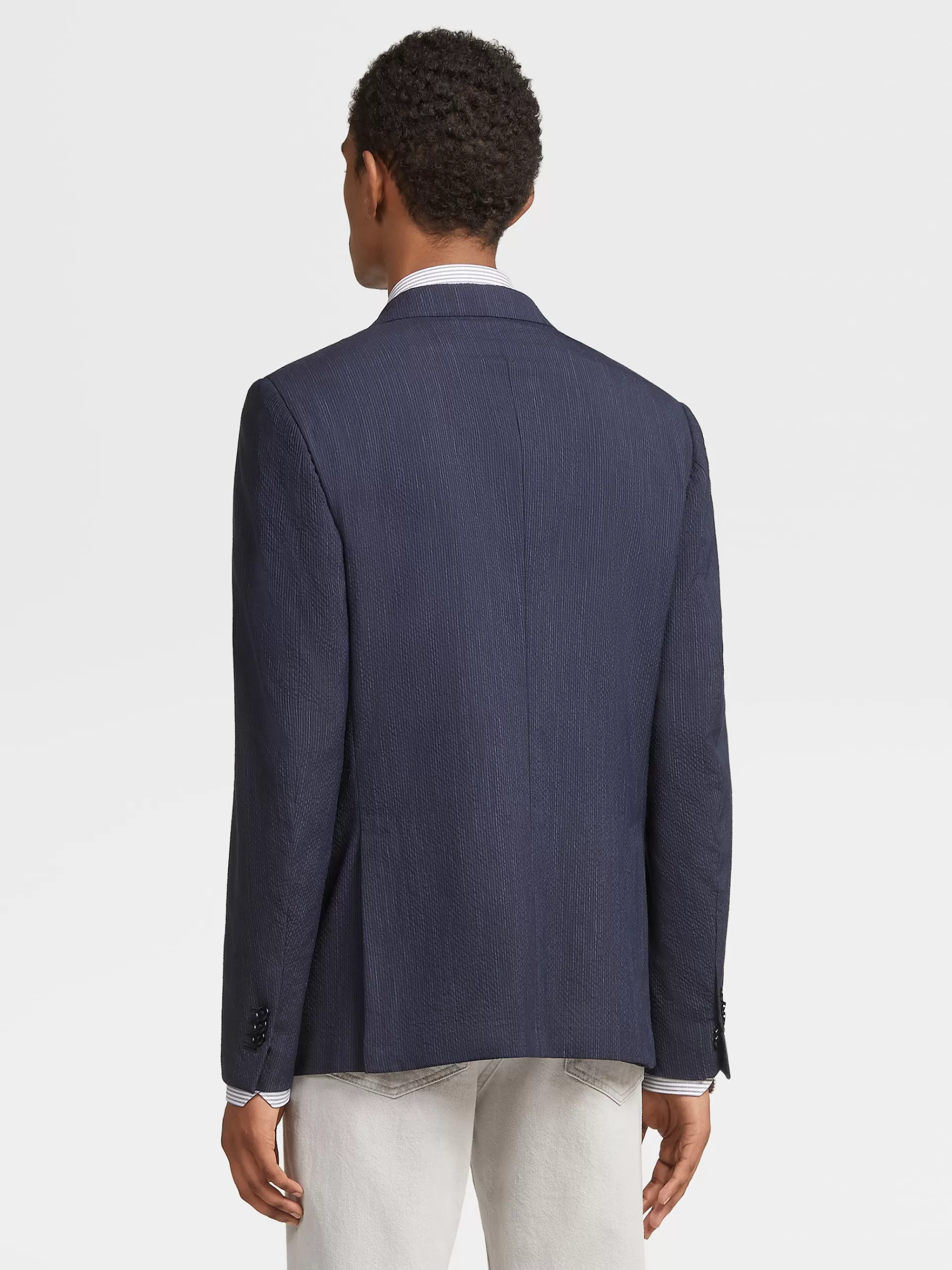 ZEGNA Blazers^Casaco Azul Em La, Seda E Linho Trofeo™ Seersucker Com Micropadrao De Xadrez Azul/Azul-Marinho