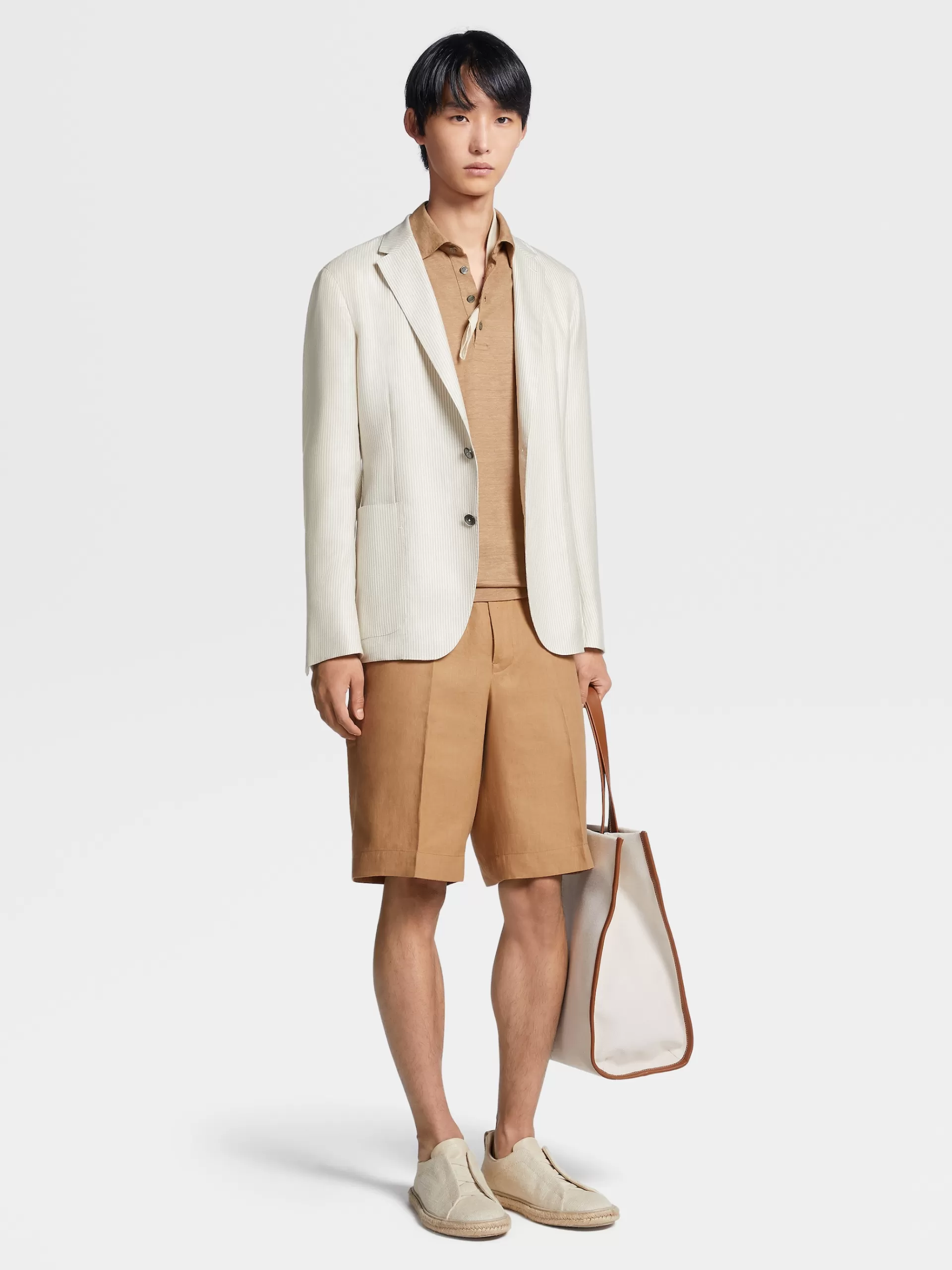 ZEGNA Blazers^Casaco Camiseiro Bege Em Caxemira, Seda E Linho Com Riscas Finas Bege/Esbranquicado