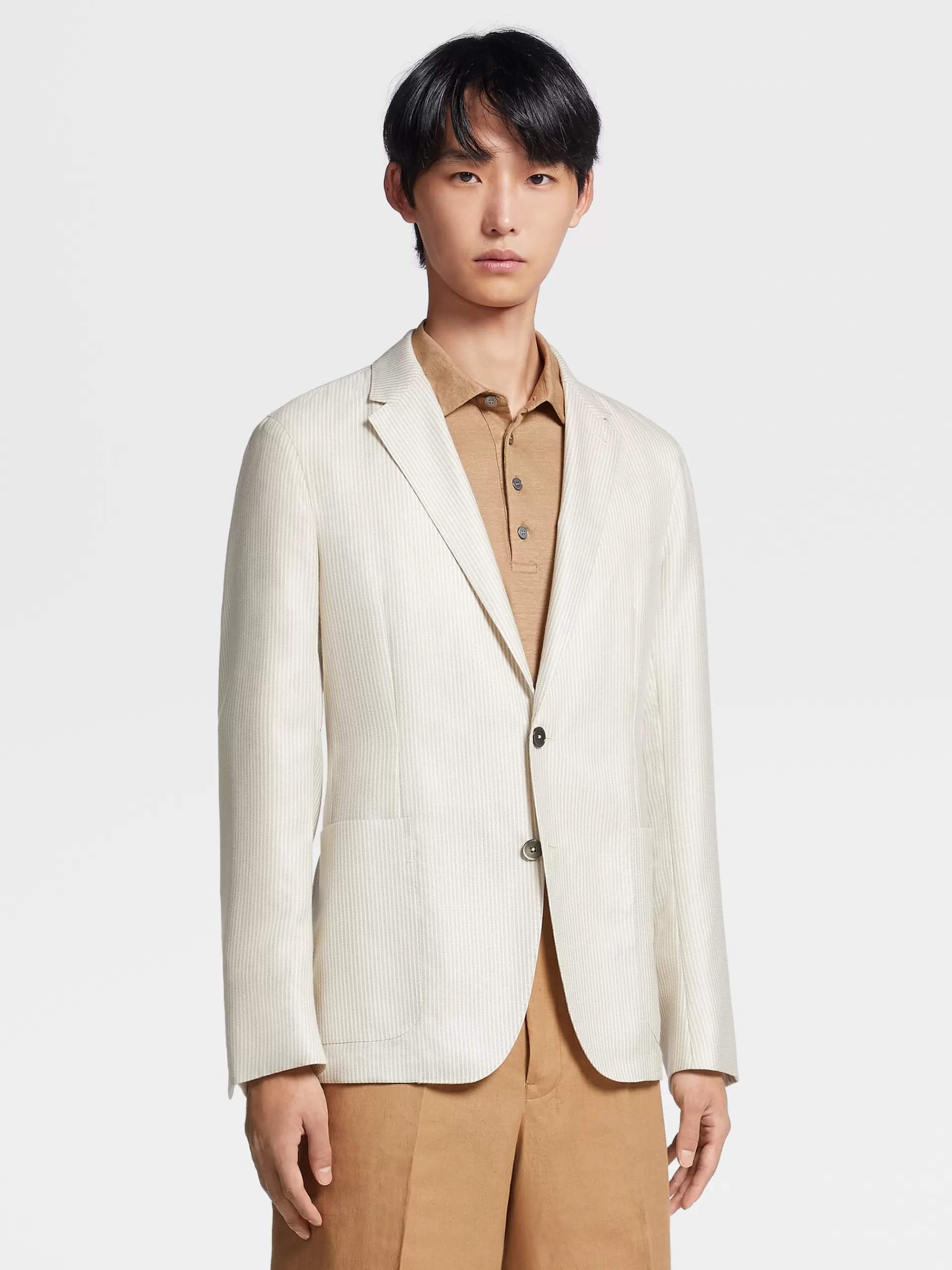 ZEGNA Blazers^Casaco Camiseiro Bege Em Caxemira, Seda E Linho Com Riscas Finas Bege/Esbranquicado