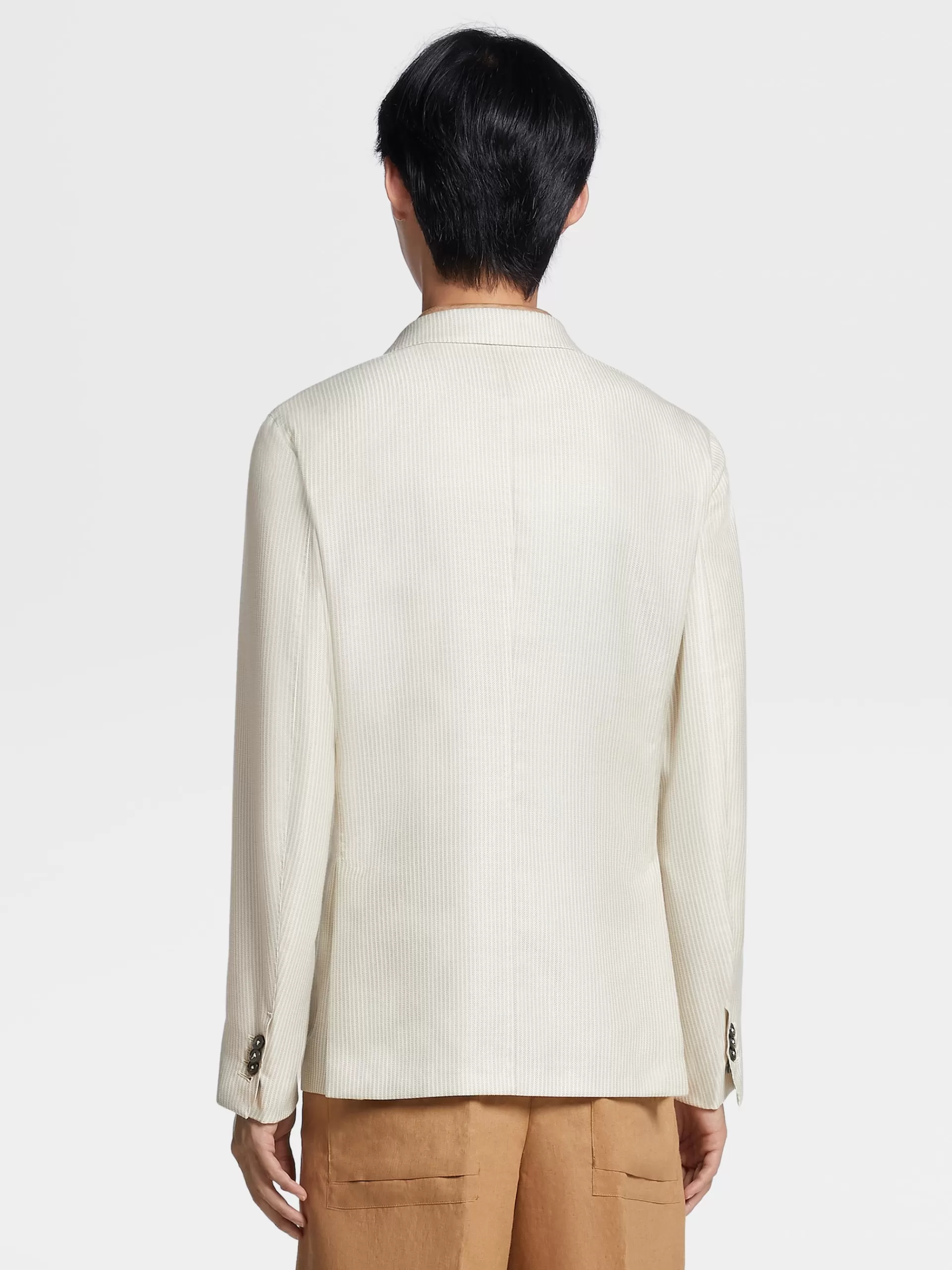 ZEGNA Blazers^Casaco Camiseiro Bege Em Caxemira, Seda E Linho Com Riscas Finas Bege/Esbranquicado