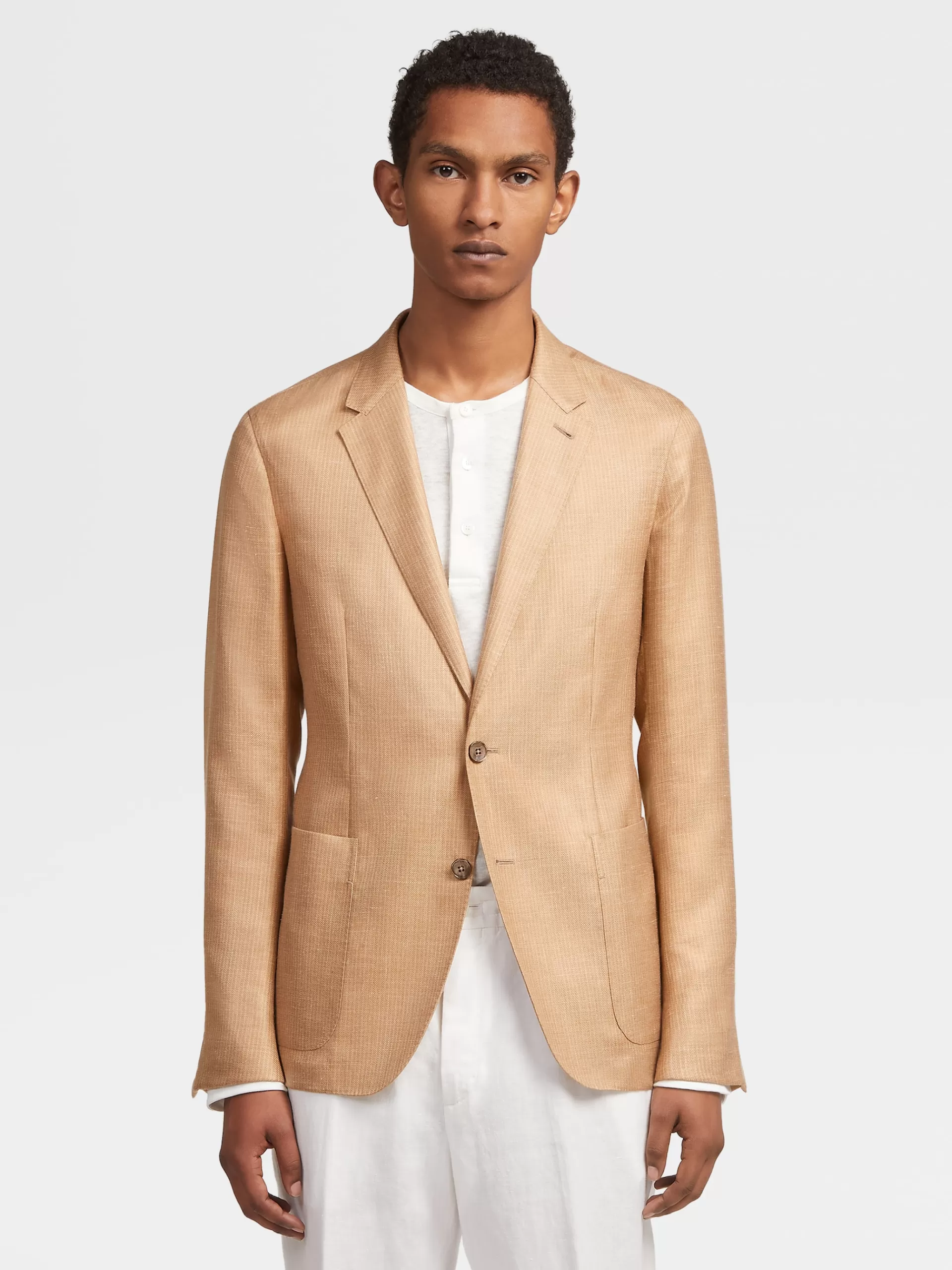 ZEGNA Blazers^Casaco Camiseiro Bege-Claro Em Seda, Caxemira E Linho Com Riscas Finas Bege-Claro/Bege
