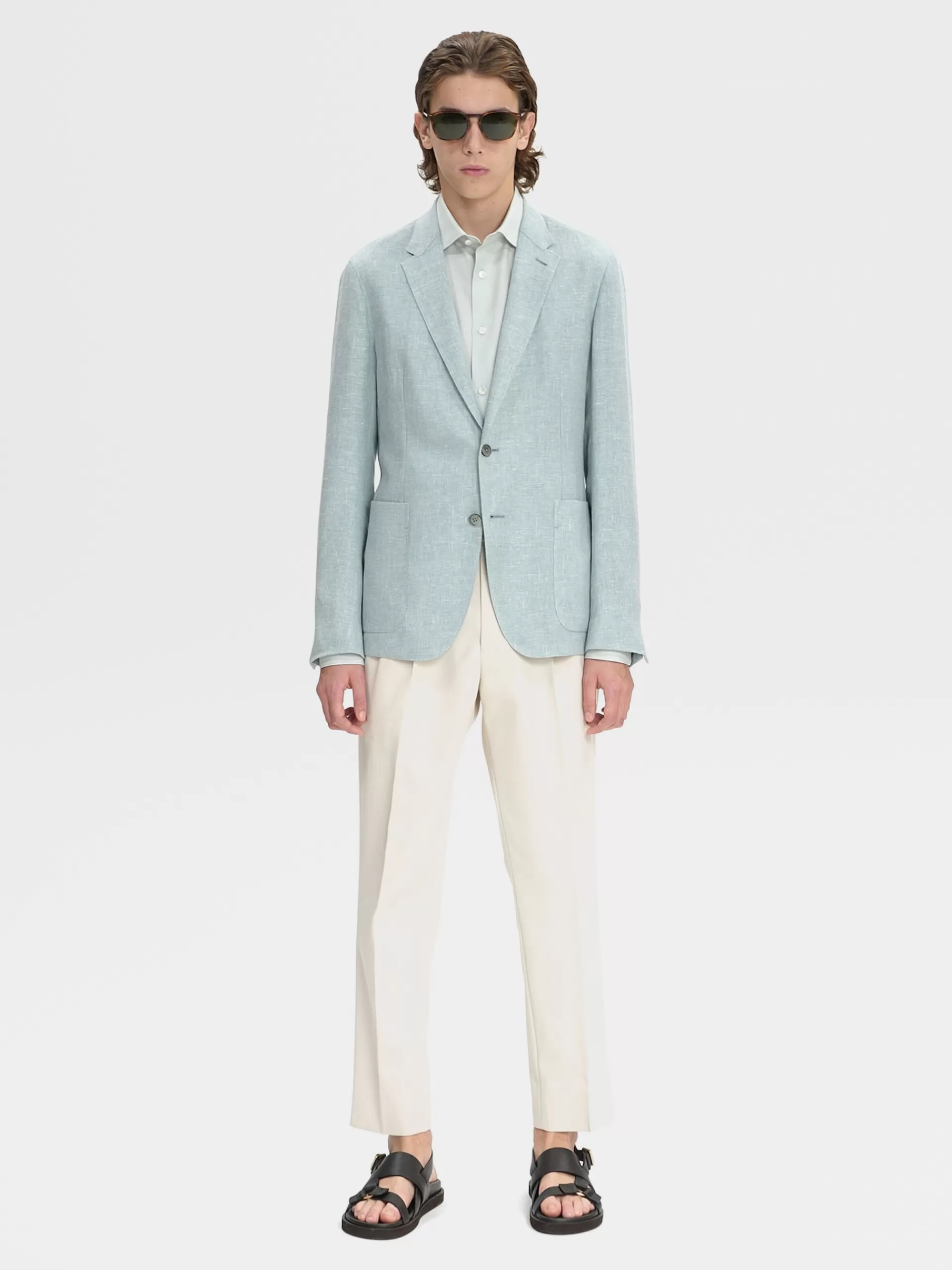 ZEGNA Blazers^Casaco Camiseiro Crossover Microestruturado Em Mistura De Linho E La Verde-Agua