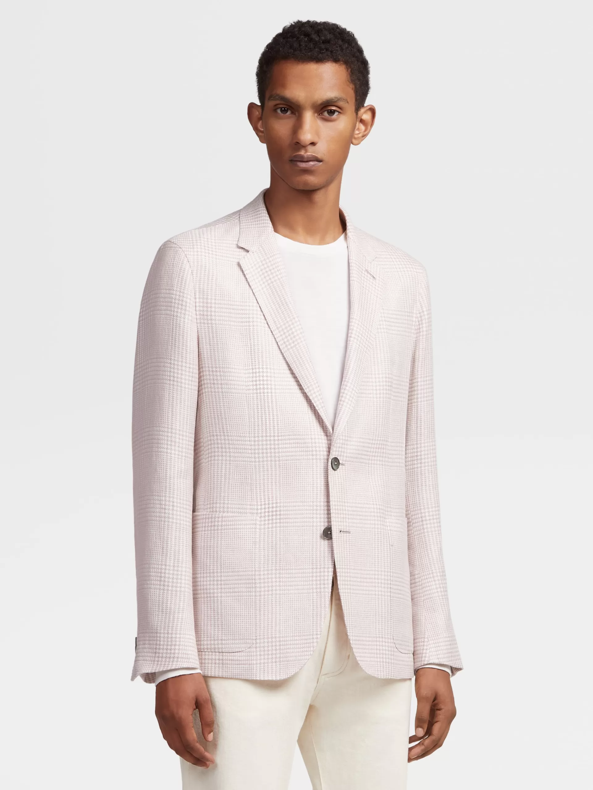 ZEGNA Blazers^Casaco Camiseiro Crossover Rosa E Branco Em Linho, La E Seda Com Padrao Principe De Gales Rosa-Velho/Branco