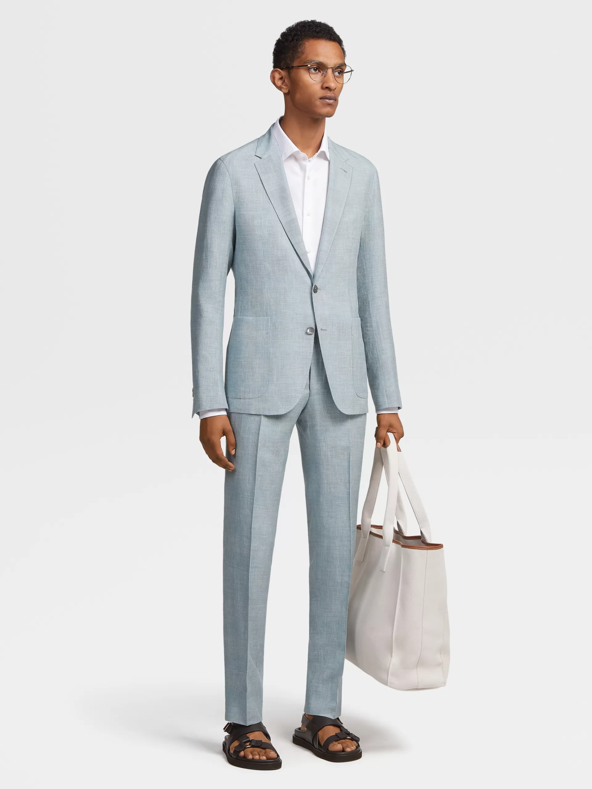 ZEGNA Blazers^Casaco Camiseiro Crossover Verde-Agua Em La, Linho E Seda Com Padrao Principe De Gales Verde-Agua/Esbranquicado