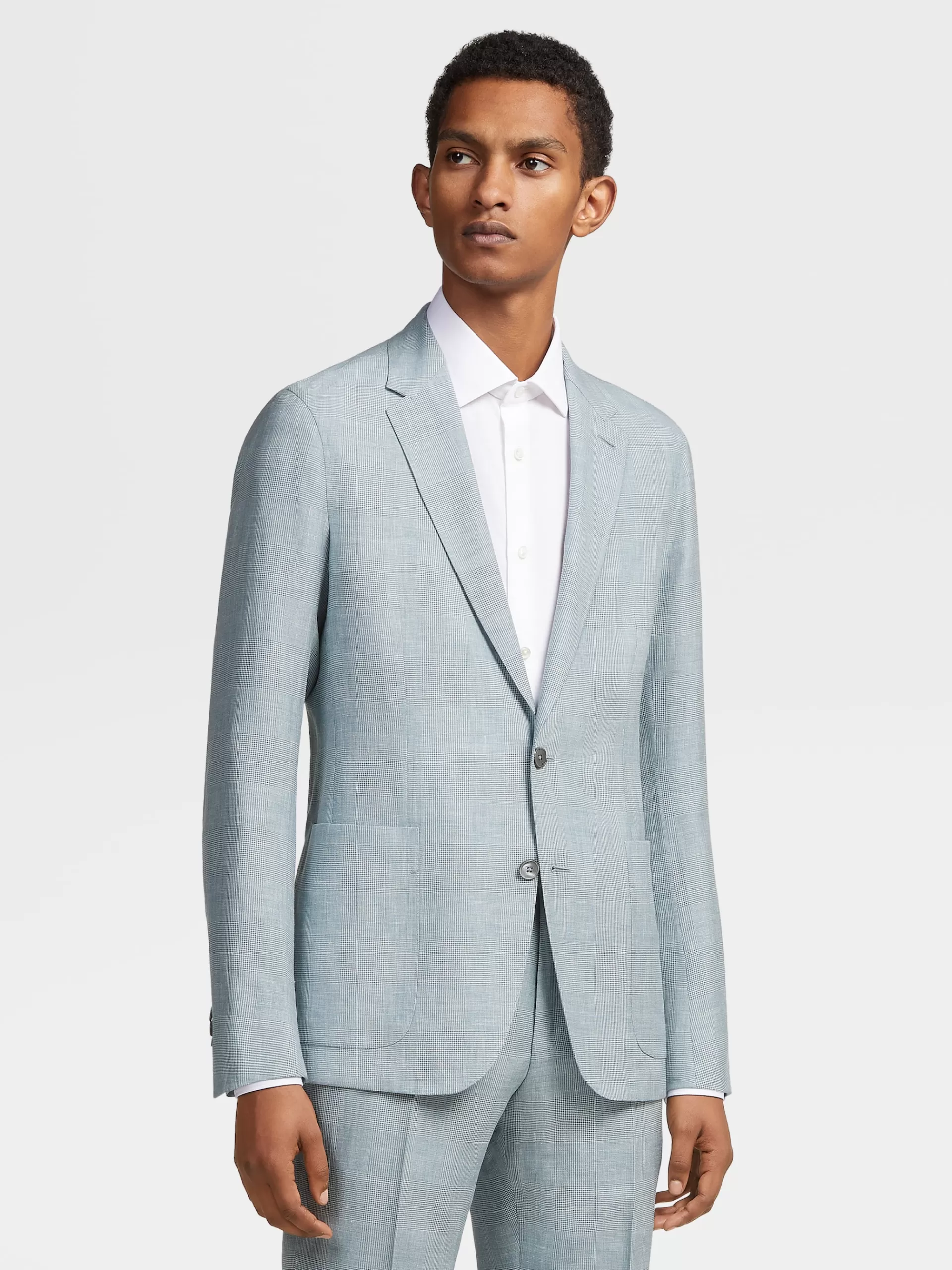 ZEGNA Blazers^Casaco Camiseiro Crossover Verde-Agua Em La, Linho E Seda Com Padrao Principe De Gales Verde-Agua/Esbranquicado