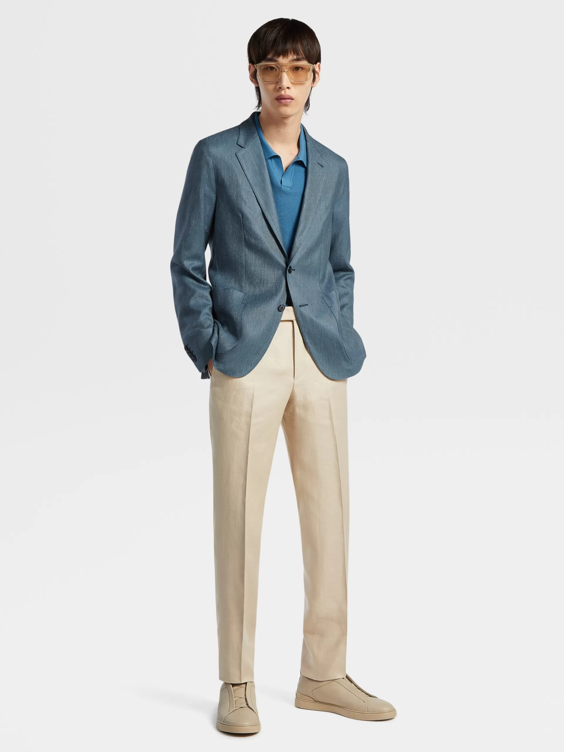 ZEGNA Blazers^Casaco Camiseiro Em Caxemira, Seda E Linho Azul-Petroleo Claro