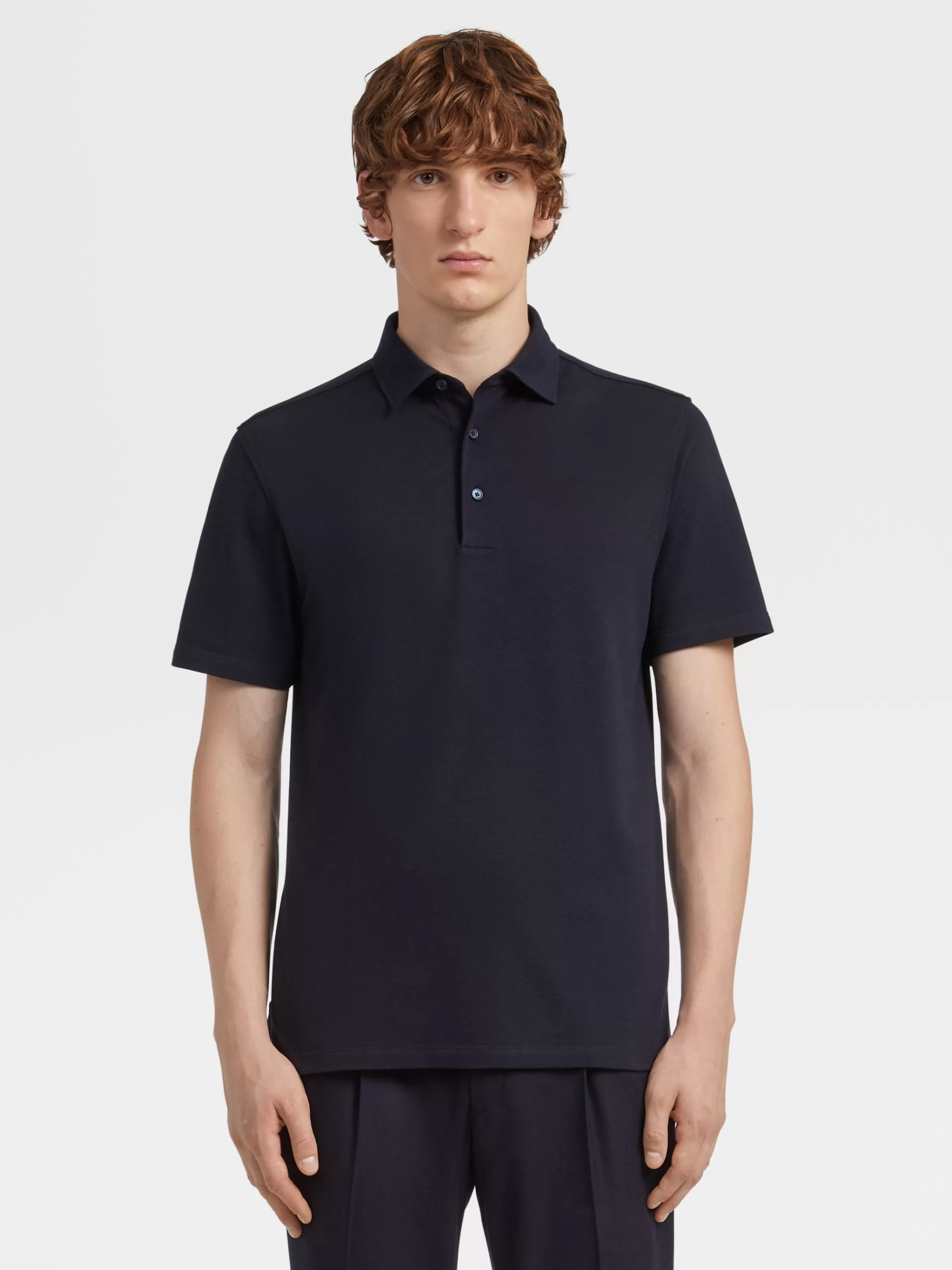 ZEGNA Polos^Polo De Manga Curta Em Algodao E Seda Azul-Marinho