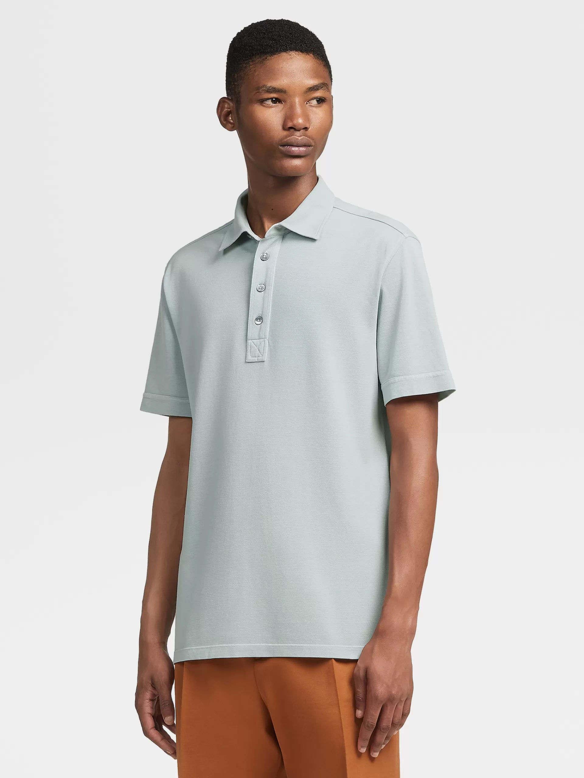 ZEGNA Polos^Polo De Manga Curta Em Algodao E Seda Verde-Agua