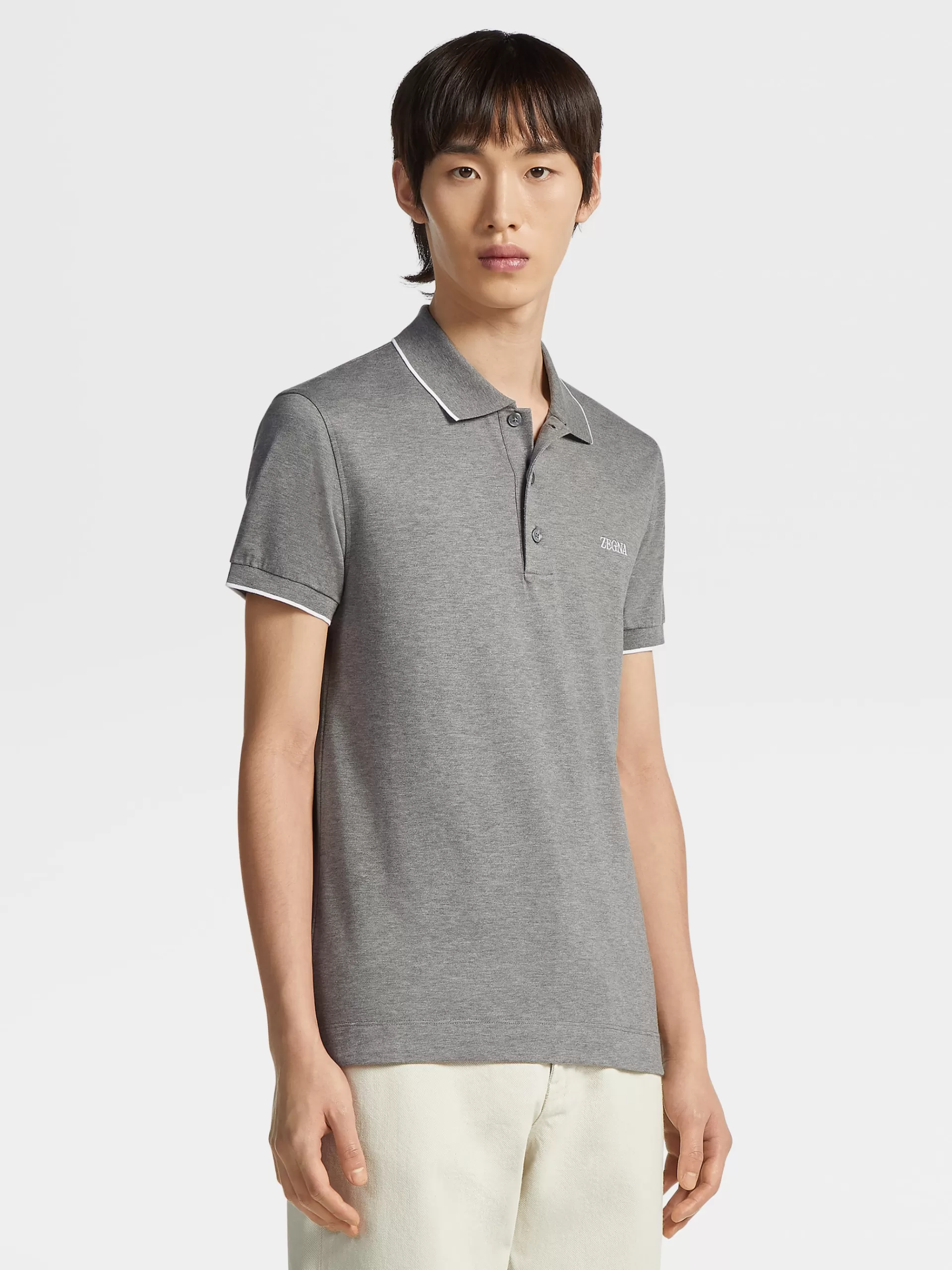 ZEGNA Polos^Polo De Manga Curta Em Algodao Elastico Cinzento Mesclado