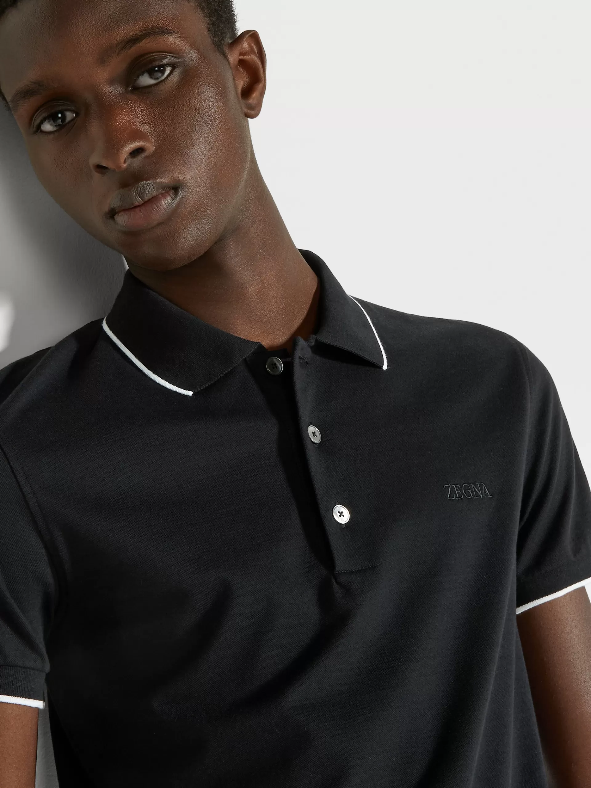 ZEGNA Polos^Polo De Manga Curta Em Algodao Elastico Preto