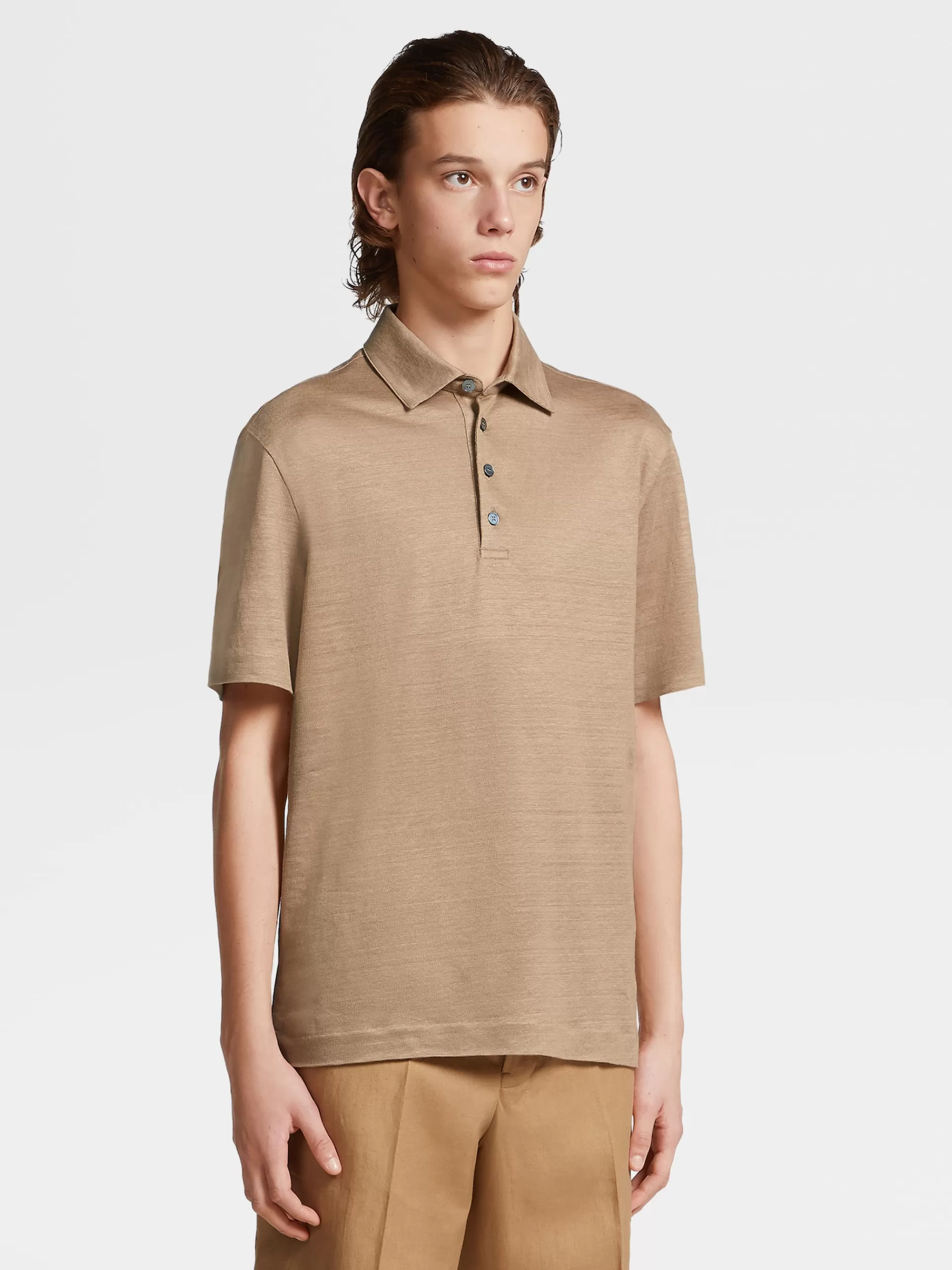 ZEGNA Polos^Polo De Manga Curta Em Linho Puro Camel