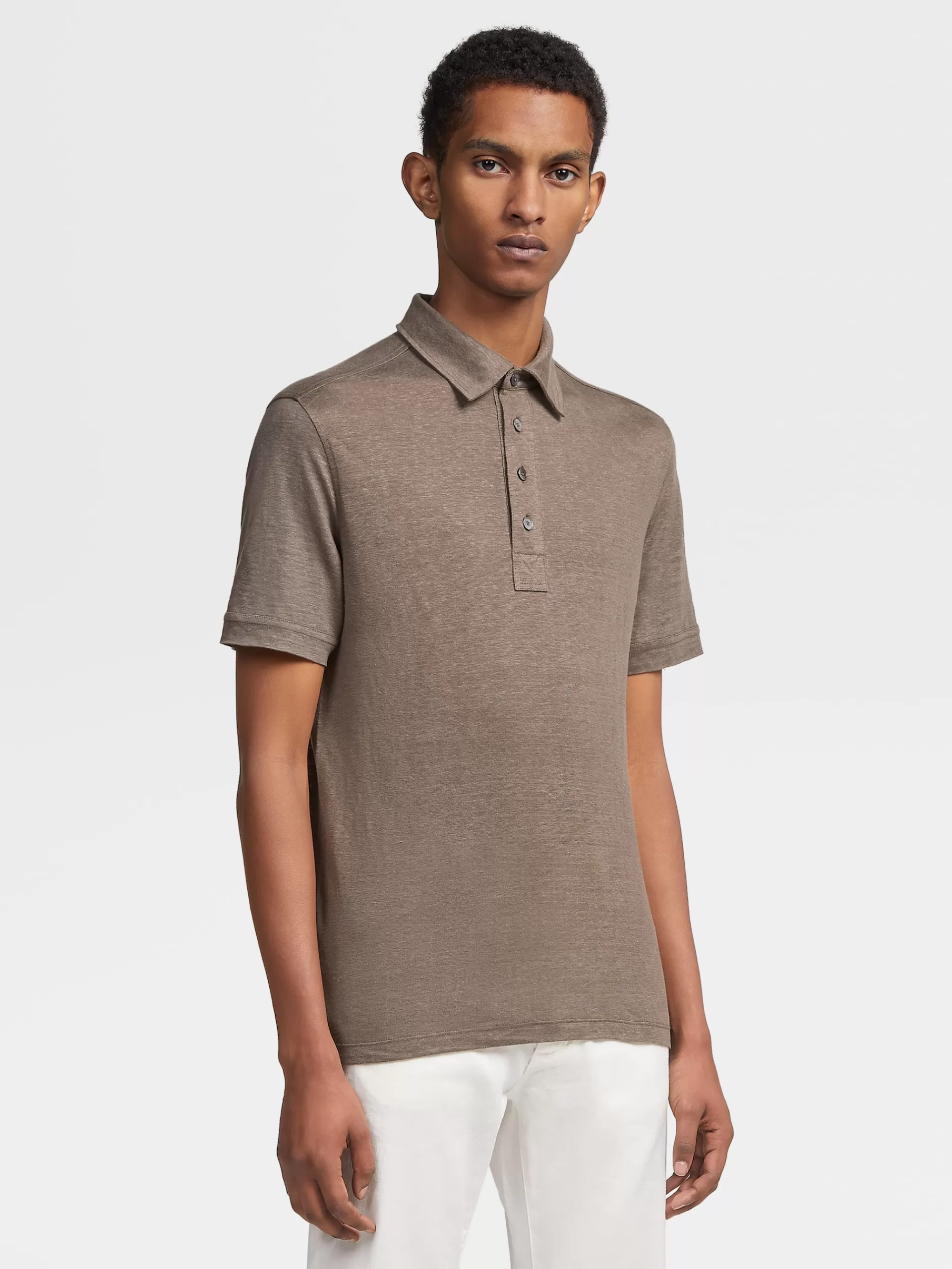 ZEGNA Polos^Polo De Manga Curta Em Linho Puro Cinzento-Acastanhado