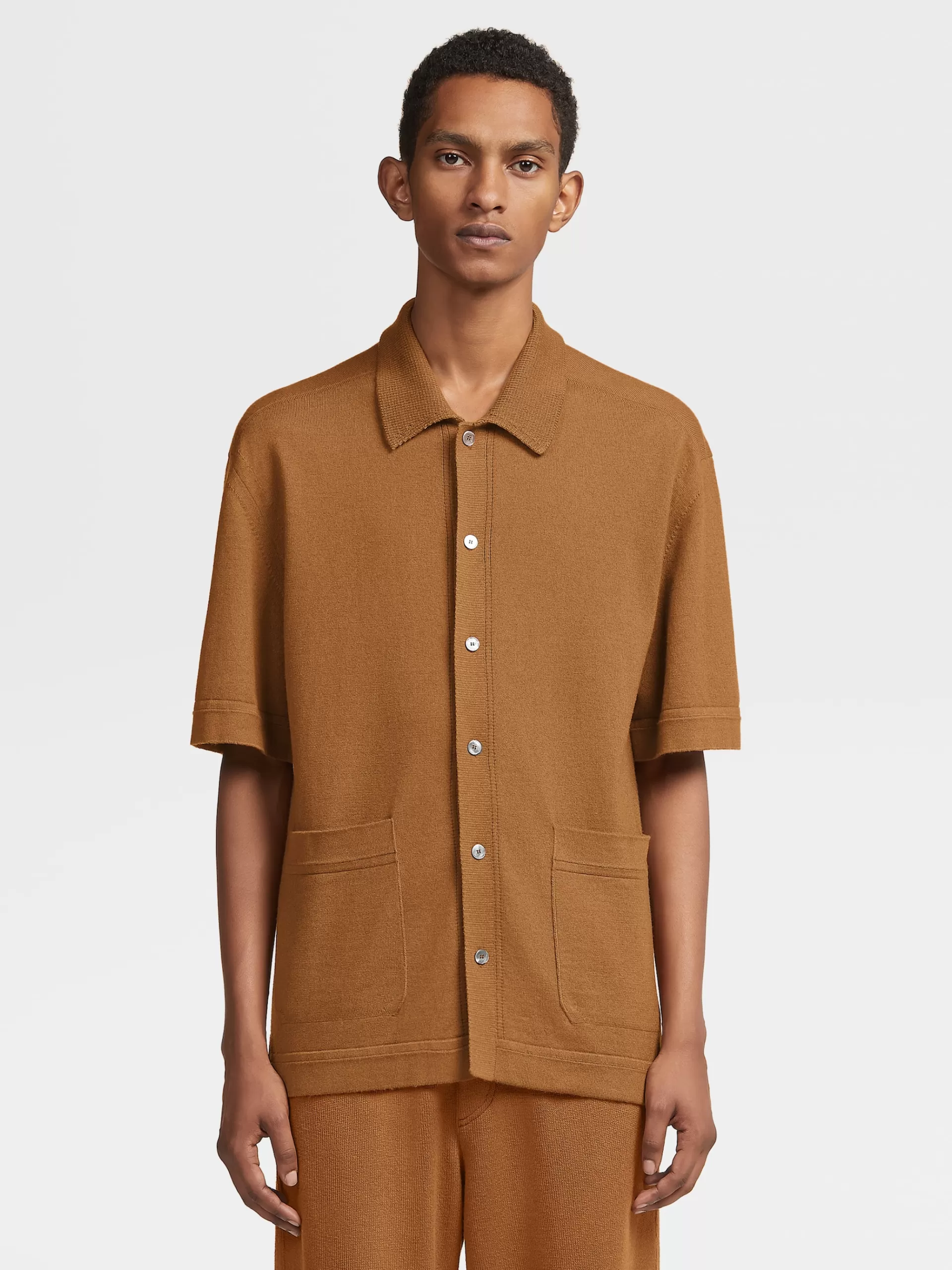 ZEGNA Polos^Polo De Manga Curta Em Malha De Algodao E Caxemira Cor Vicunha