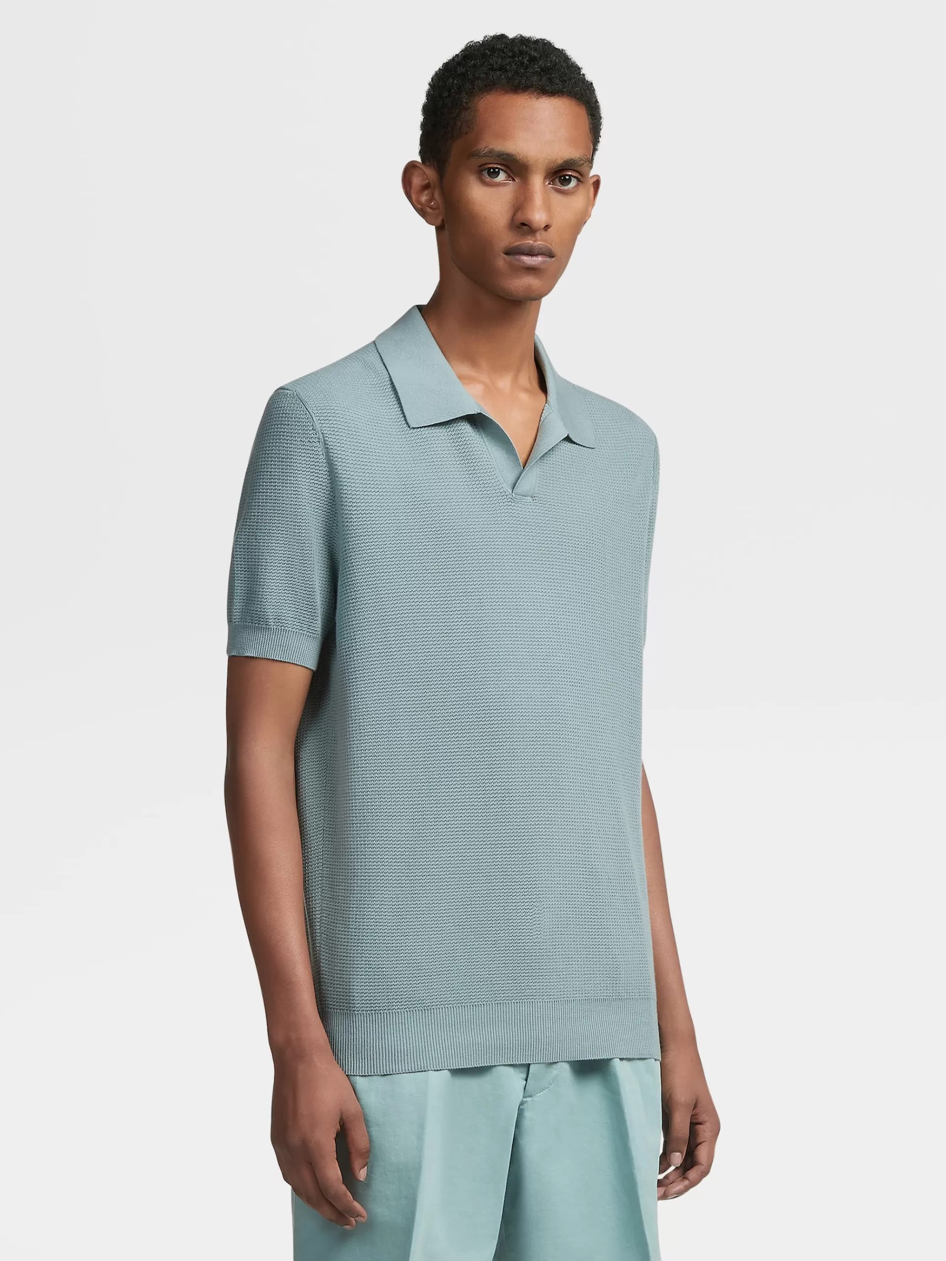 ZEGNA Polos^Polo De Manga Curta Em Malha Jacquard Premium Cotton Verde-Agua