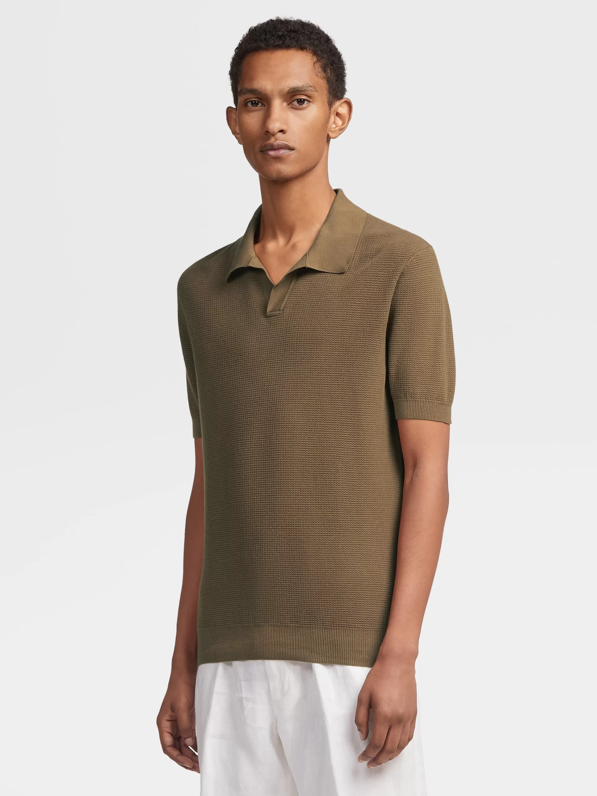 ZEGNA Polos^Polo De Manga Curta Em Malha Jacquard Premium Cotton Bege-Escuro