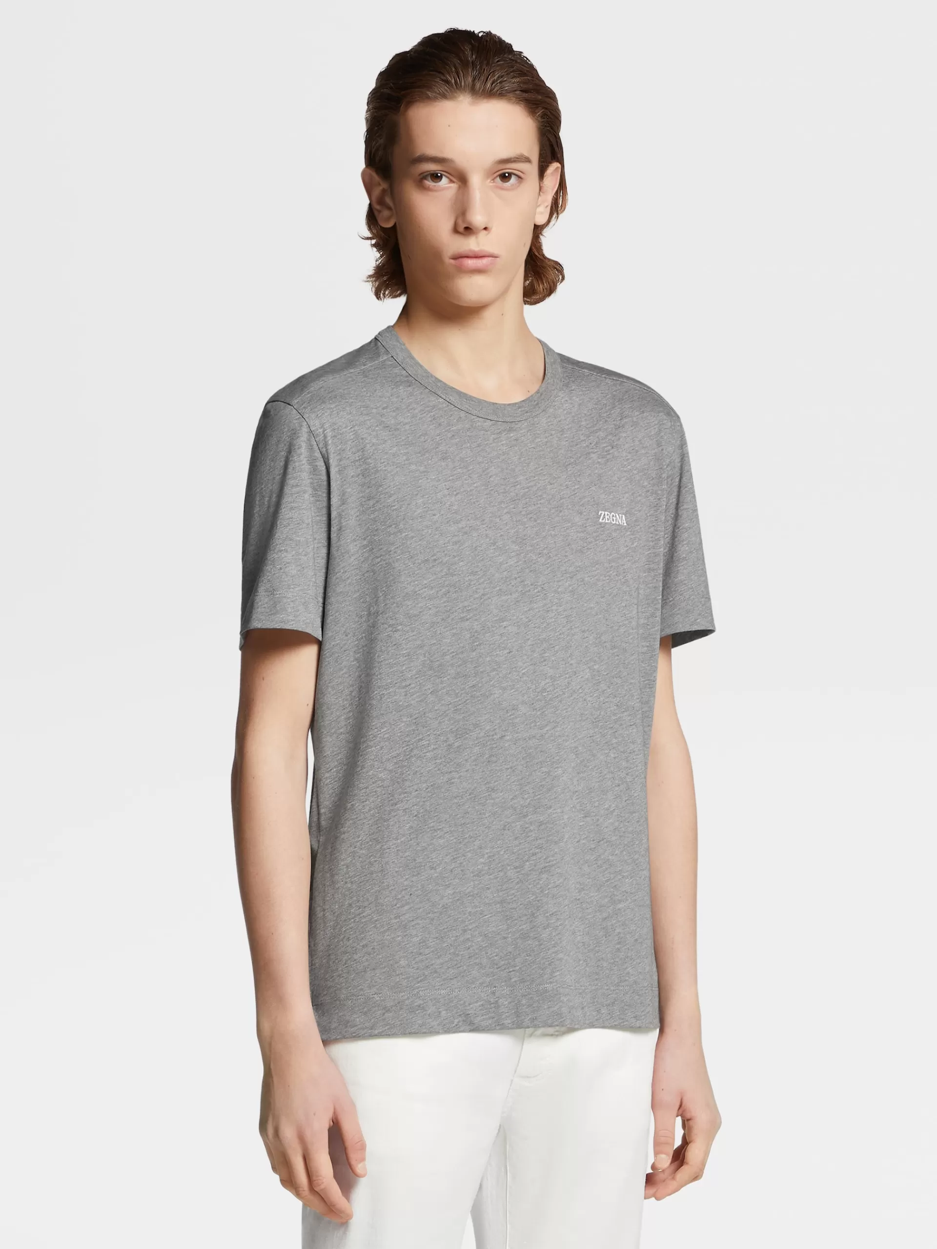ZEGNA T-Shirts^T-Shirt De Manga Curta Cinza Mesclado Em Algodao Puro Cinzento Mesclado
