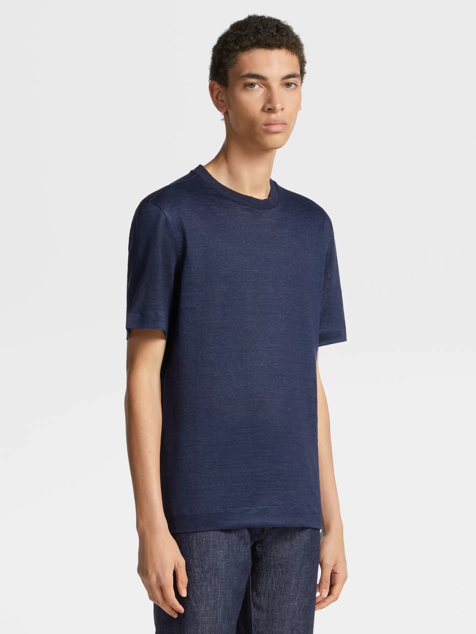 ZEGNA T-Shirts^T-Shirt De Manga Curta Em Linho Puro Azul-Marinho
