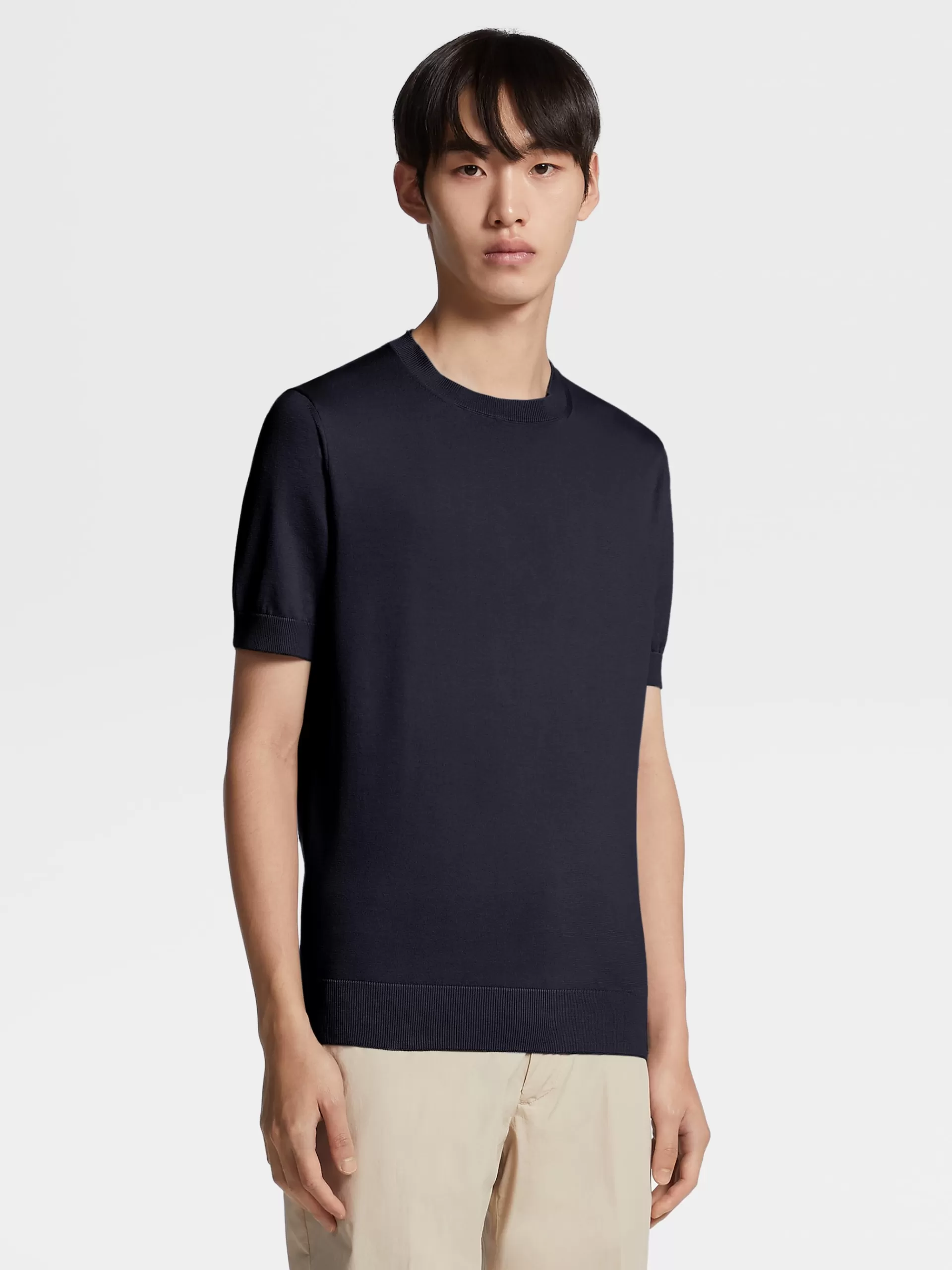 ZEGNA T-Shirts^T-Shirt De Manga Curta Em Malha Premium Cotton Azul-Marinho