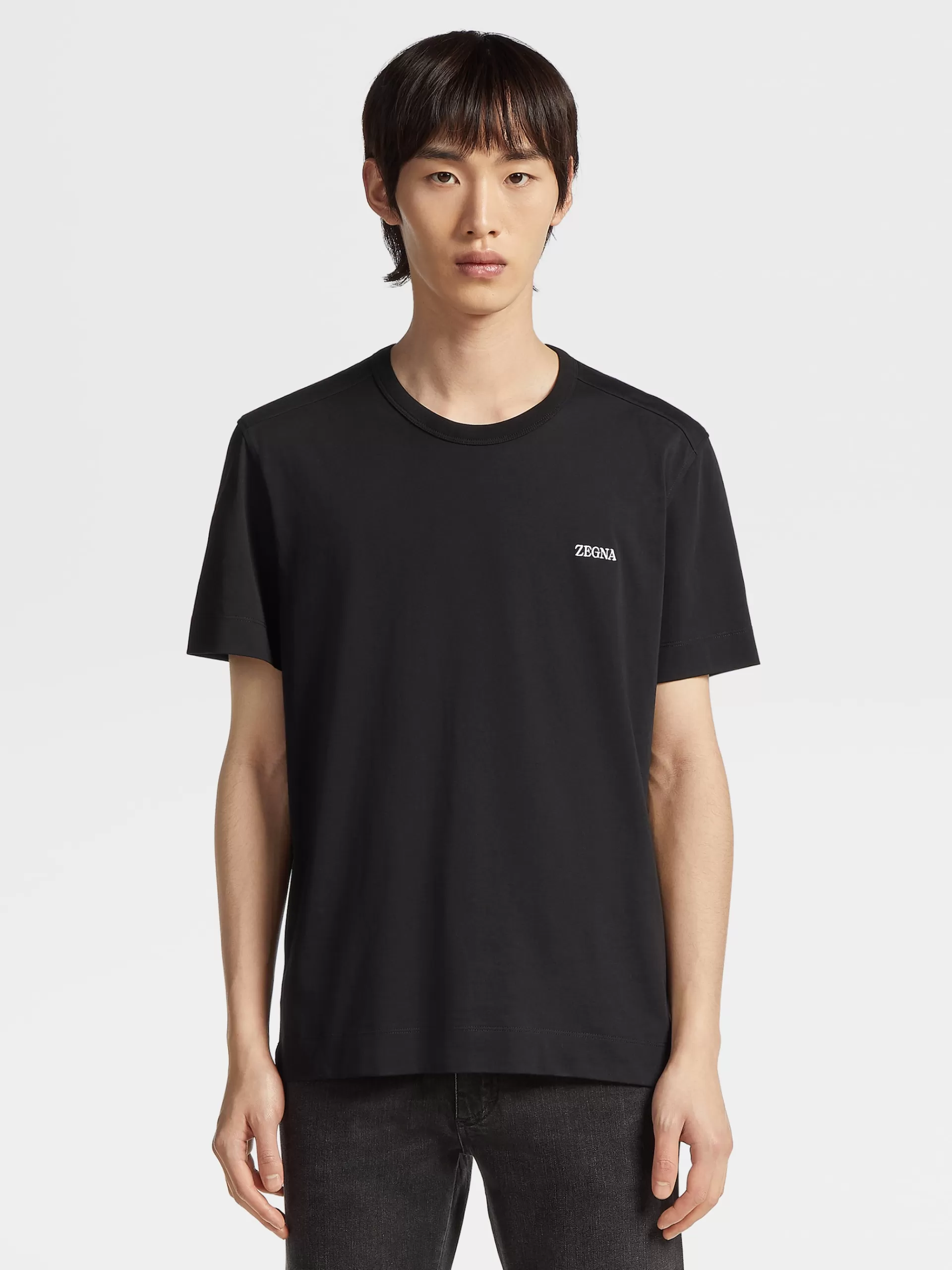 ZEGNA T-Shirts^T-Shirt De Manga Curta Preta Em Algodao Puro Preto